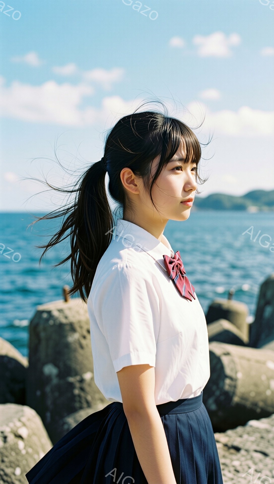 紺色の制服スカートと白いシャツを着た若い女性が、海を背景に横を向いて立っています。髪は高くポニーテールに結ばれており、風になびいています。彼女の表情は穏やかで、どこか遠くを見つめているような、物憂げな雰囲気があります。