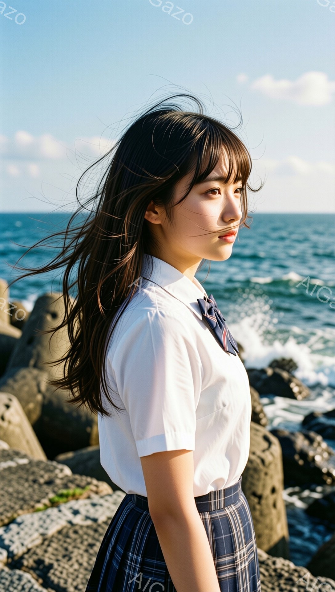 黒髪で前髪を流した若い女性が、白いシャツとチェック柄のスカートの制服を着て、岩場に立っています。彼女は少し横を向き、微笑んでおり、海風で髪がなびいています。背景には青い海と空、そして波が打ち寄せる岩場が広がっており、爽やかで開放的な雰囲気が漂っています。
