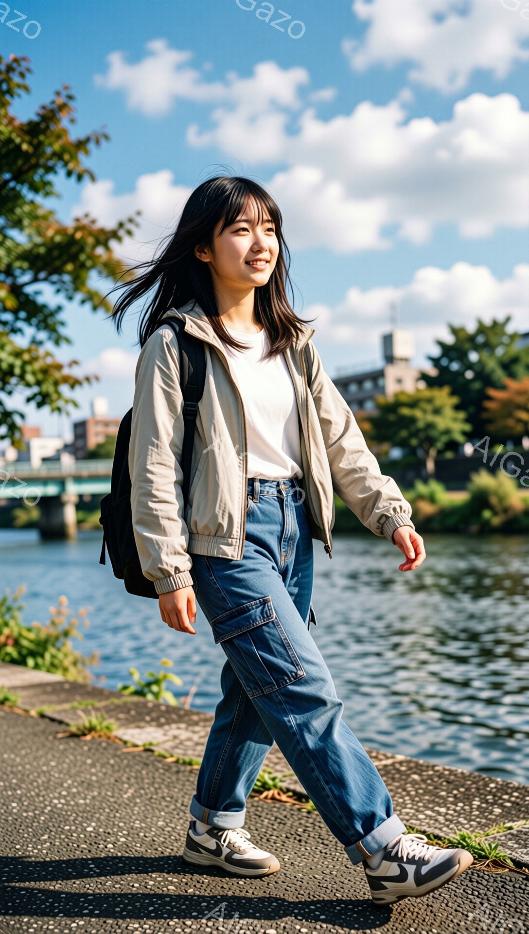 若い女性が、水辺の遊歩道を歩いている様子が写っている。オフホワイトのジャケットと白いTシャツ、ルーズフィットのデニムパンツ、そしてスニーカーを着用し、黒いリュックサックを背負っている。彼女は微笑んでおり、リラックスした雰囲気で、晴天の下、水面がきらめく穏やかな背景が広がっている。