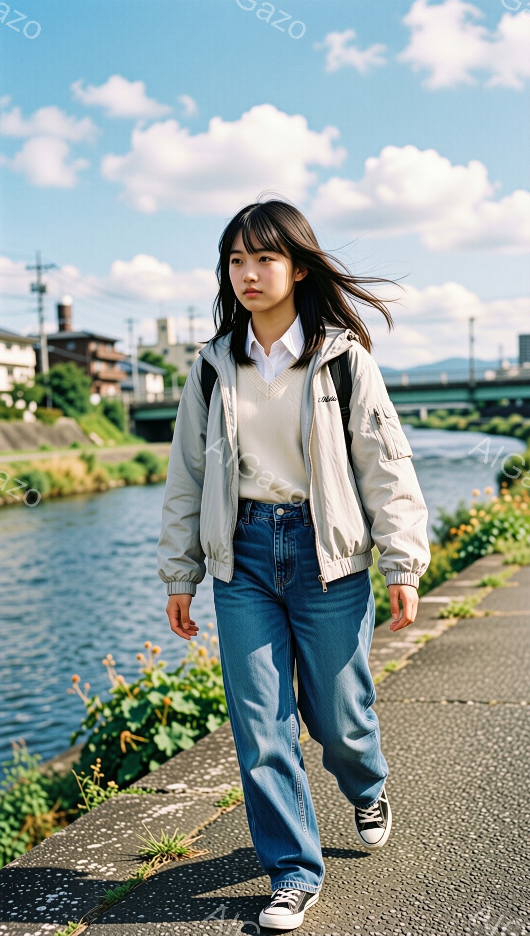若い女性が水路沿いの道を進んでいます。ベージュのウィンドブレーカー、白い襟付きシャツ、ルーズフィットのデニムパンツ、そして黒のスニーカーを着用しています。彼女は黒髪で前髪が目に少しかかり、表情は穏やかで少し物憂げです。