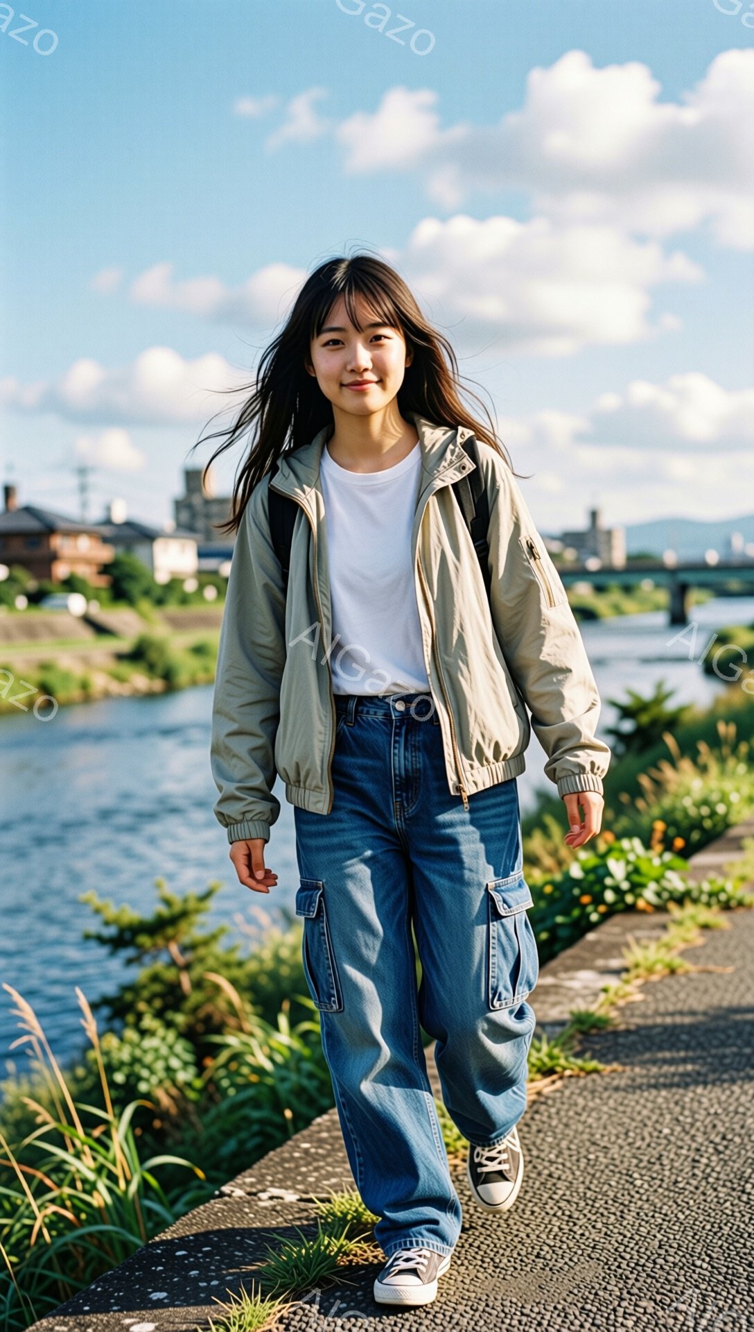 若い女性が、白いTシャツにカーキ色のジャケット、ゆったりとしたジーンズ、スニーカーというカジュアルな服装で、コンクリートの遊歩道を歩いている。彼女は長い黒髪で、わずかに微笑んでおり、リラックスした雰囲気である。背景には川、緑豊かな植生、遠くに建物や山々が見え、晴天の下、穏やかな一日を示している。