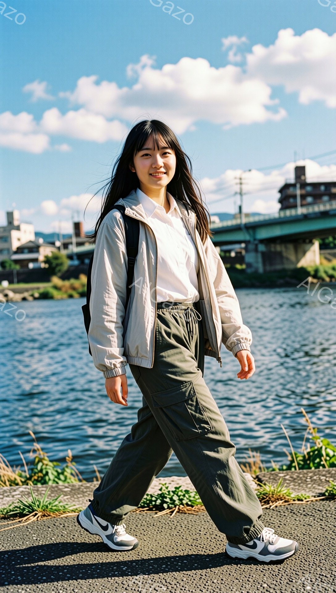 長い黒髪をセンターパートにした女性が、水辺の道を進んで歩いている。白いシャツに薄いベージュのジャケット、カーキ色のカーゴパンツ、そして白いスニーカーというカジュアルな服装で、リラックスした表情で少し微笑んでいる。背景には川と橋、そして遠くの建物が見え、晴天で雲ひとつない空が広がっているため、開放的で穏やかな雰囲気である。