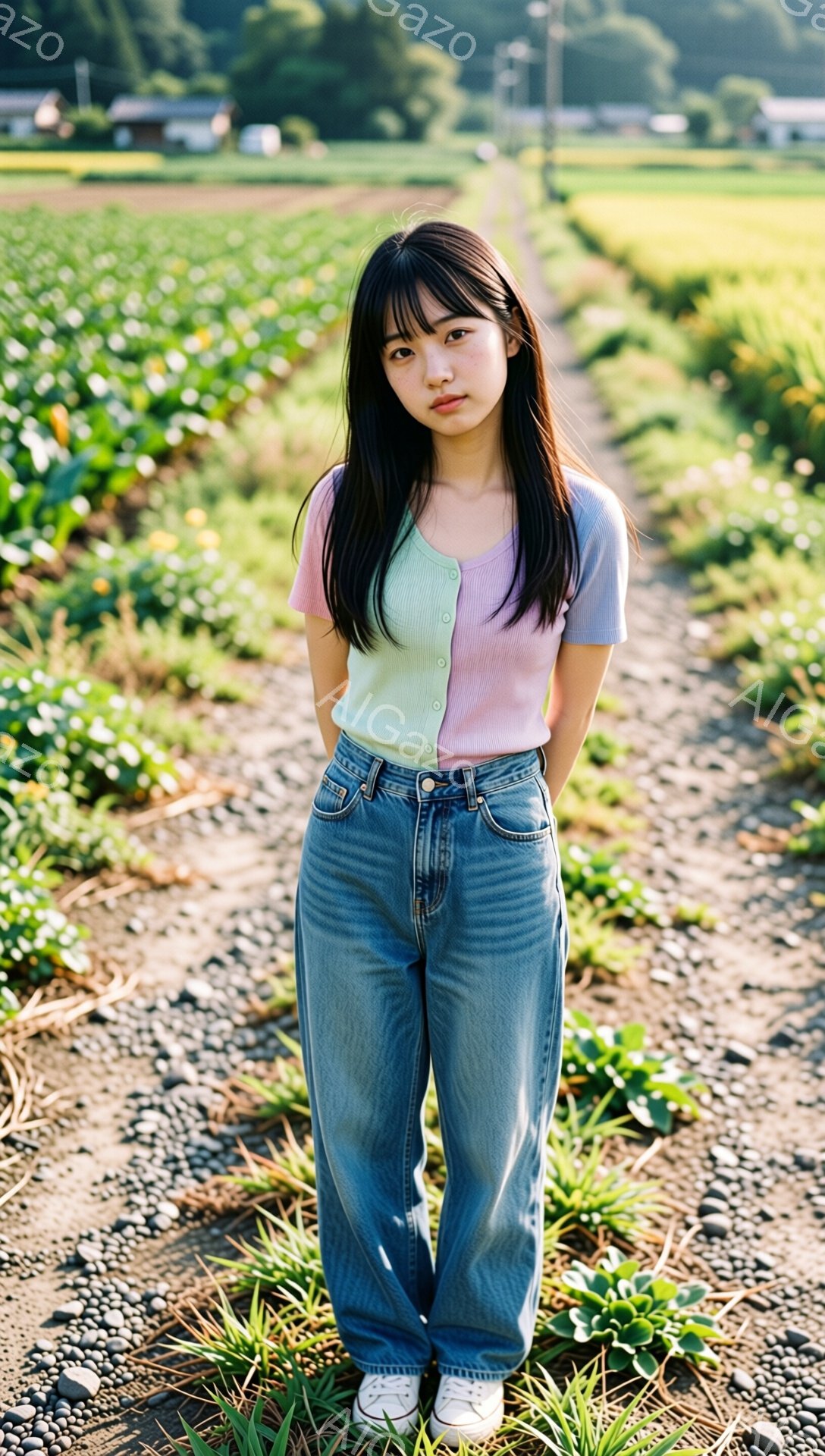 長い黒髪を無造作に肩まで伸ばした若い女性が、水色とピンクのボーダーニットと、ゆったりとしたデニムパンツ、白いスニーカーを着用して立っています。彼女はわずかに微笑んでおり、やや緊張した表情を浮かべています。背景には緑豊かな田園風景が広がり、作物の畝と遠くに見える建物があり、晴れた日の穏やかな雰囲気が感じられます。