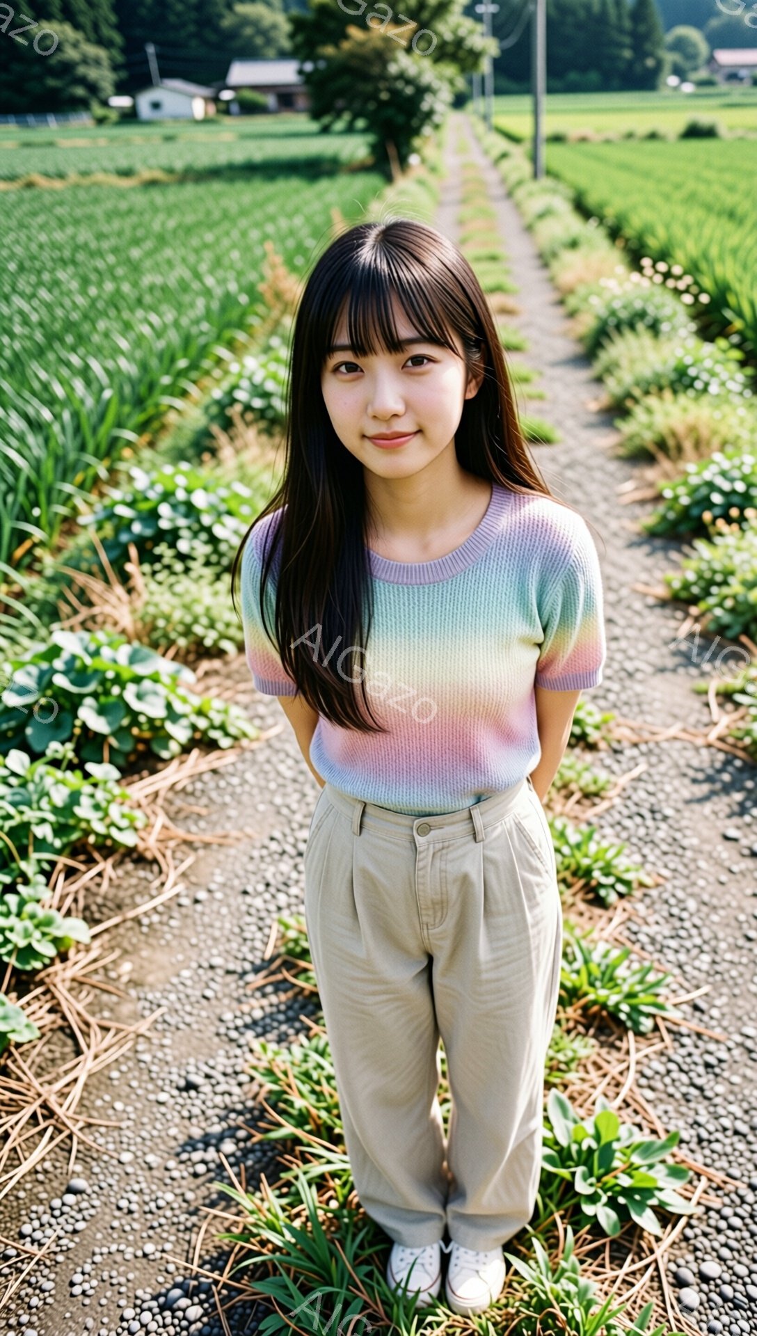 長い黒髪で前髪を作った若い女性が、カラフルな虹色のセーターとベージュ色のゆったりとしたパンツ姿で、畑の真ん中の砂利道に立っている。彼女は微笑んでおり、リラックスした自然な姿勢で、背景には緑豊かな野菜畑と遠くの建物が見える。全体的に、穏やかで平和な田園風景の雰囲気が漂う。