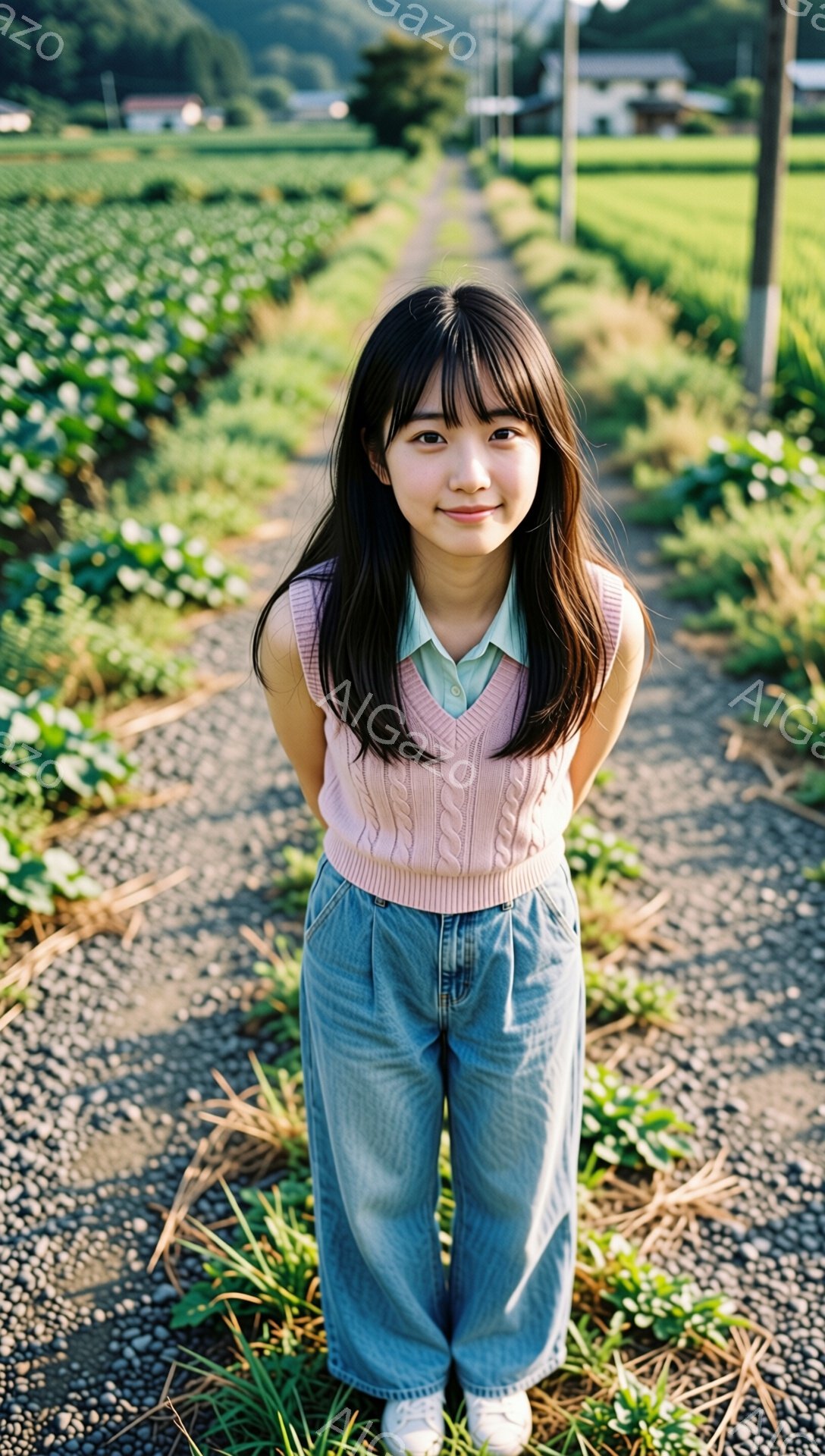 長い黒髪で前髪ぱっつんの女性が、薄いピンク色のベストと水色の襟付きシャツ、ゆったりとしたデニムパンツ、白いスニーカーを着用して立っています。彼女は穏やかな笑顔でカメラを見つめ、リラックスした姿勢で両手を腰に当てています。背景には、緑豊かな畑が広がり、遠くには建物が見え、晴れた日の穏やかな田園風景を思わせます。