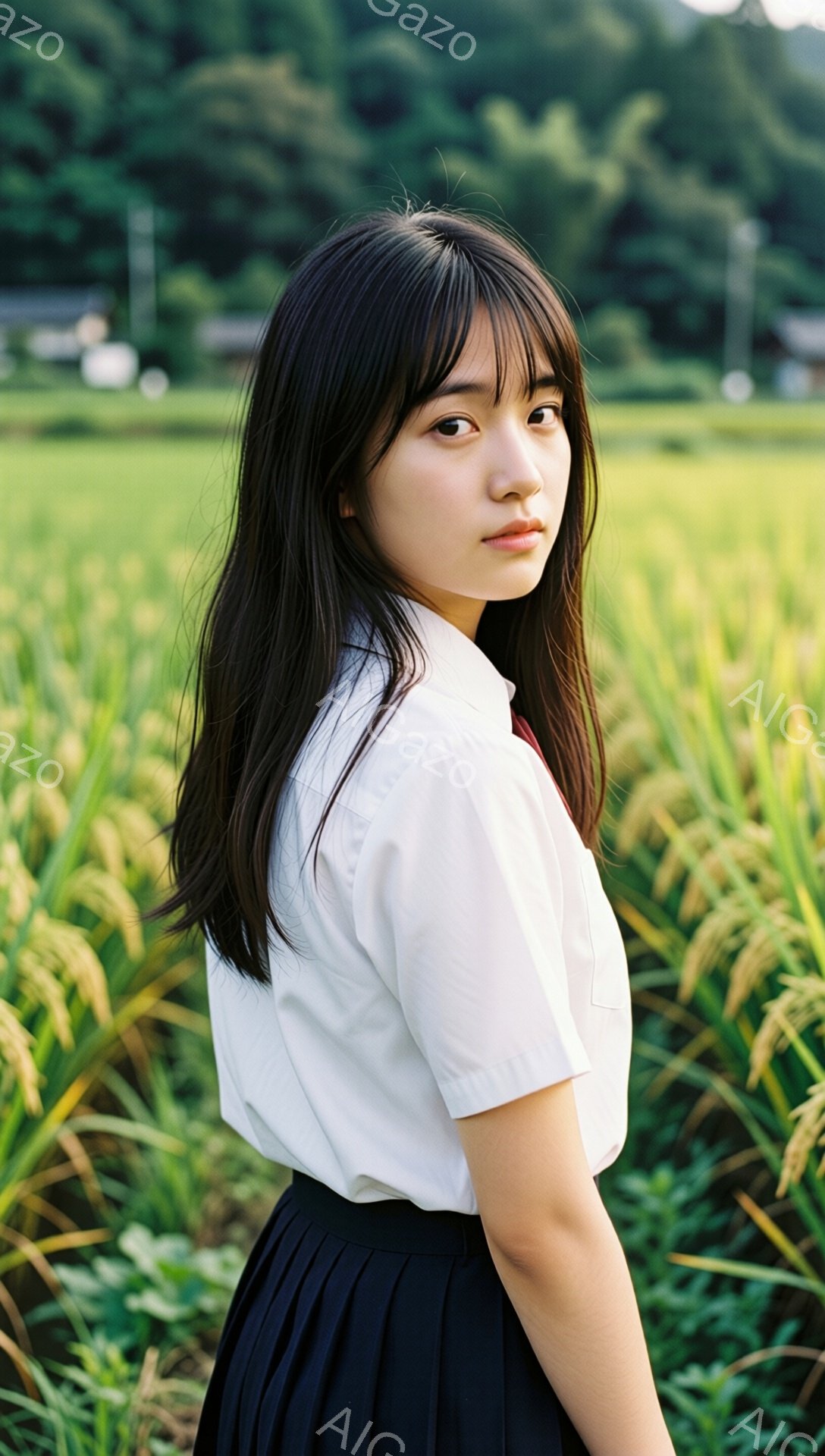 黒髪の女性が、白いシャツと黒のプリーツスカートを着用し、田んぼの中で振り返っています。彼女の表情は穏やかで、少し物憂げな雰囲気があり、髪は肩にかかる長さでストレートです。背景には緑豊かな田んぼと遠くに - AI生成フリー素材