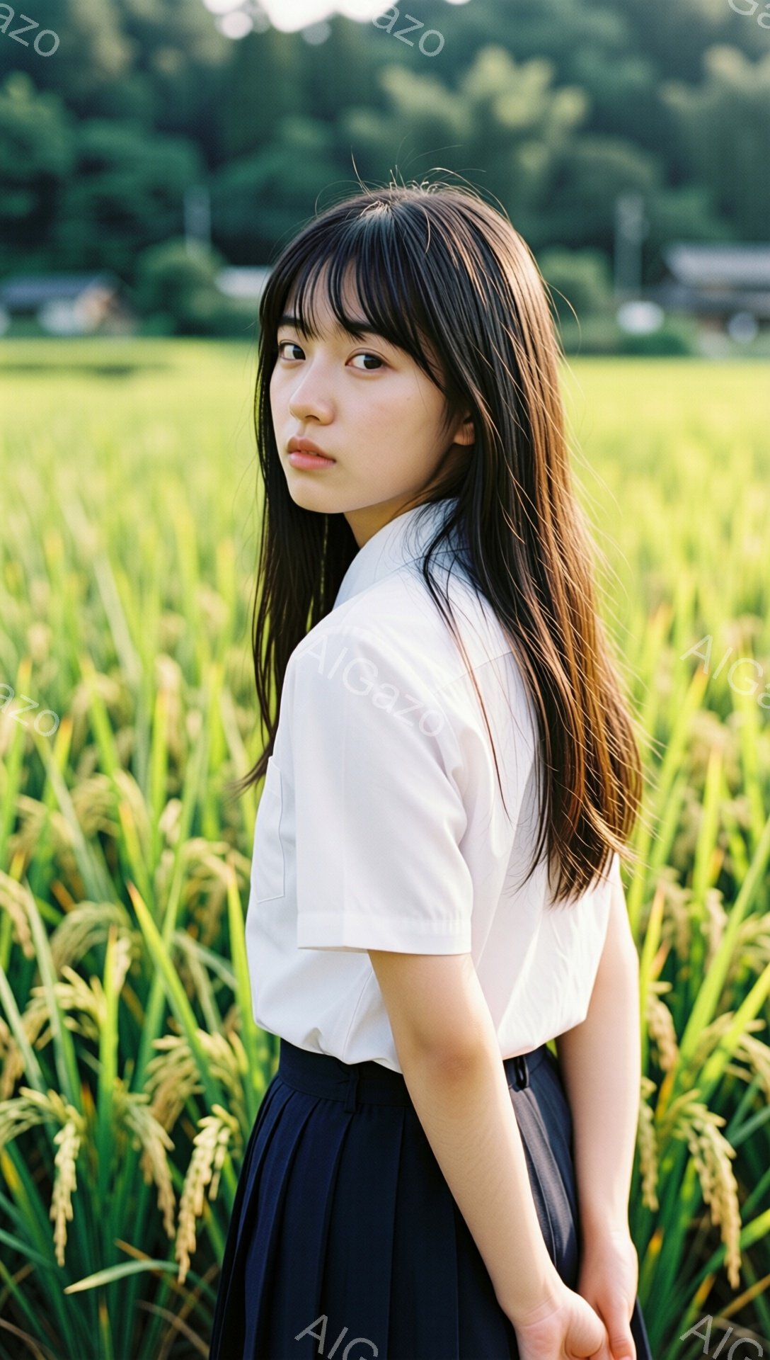 長い黒髪で前髪が眉毛にかかるようにカットされた若い女性が、白いシャツとプリーツスカートを着て、背中を向けて立っている。彼女は少し顔を振り返っており、物憂げな表情をしている。背景は黄金色の稲穂が揺れる田園風景で、遠くに建物が見える穏やかな晴天の日だ。