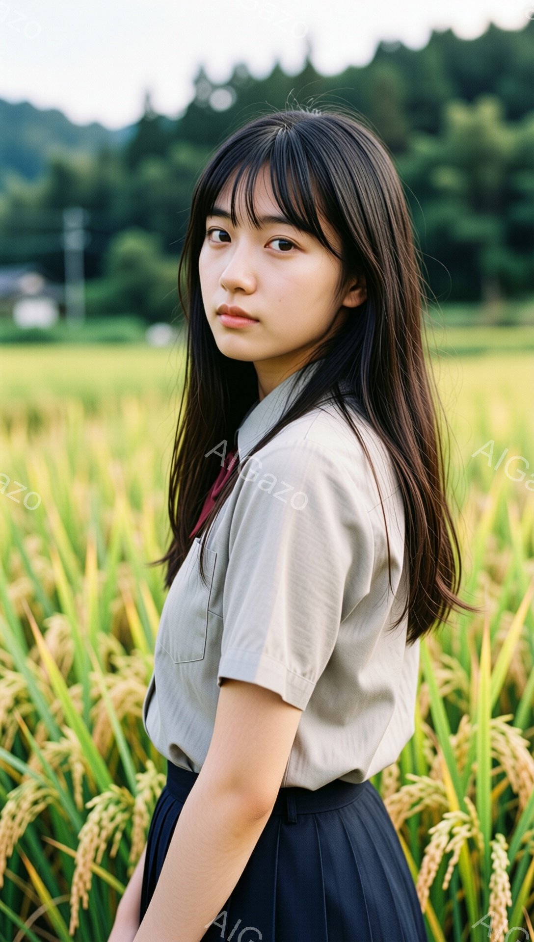長い黒髪を肩まで伸ばした若い女性が、麦畑の中で正面を向いています。ベージュのシャツに黒のスカート、赤いネクタイという制服のような服装で、少し憂いを帯びた表情をしています。背景には黄金色の稲穂が広がり、遠くには緑の山々と電柱が見え、穏やかで少し物憂げな雰囲気が漂っています。