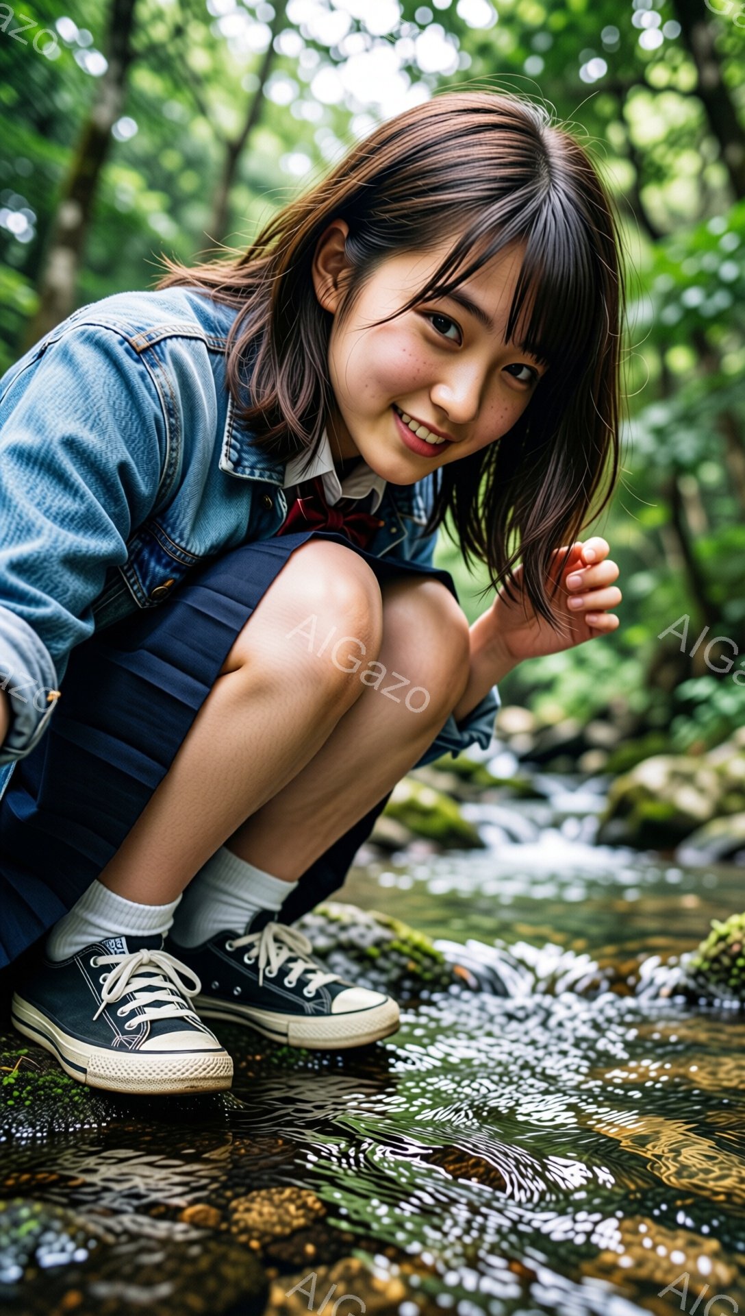 若い女性が水辺にしゃがみ込んでいます。彼女はデニムジャケット、チェックのスカート、白いソックスとスニーカーを着用し、明るい笑顔を浮かべています。背景は緑豊かな森林で、太陽の光が差し込み、水面に反射してキラキラと輝いています。