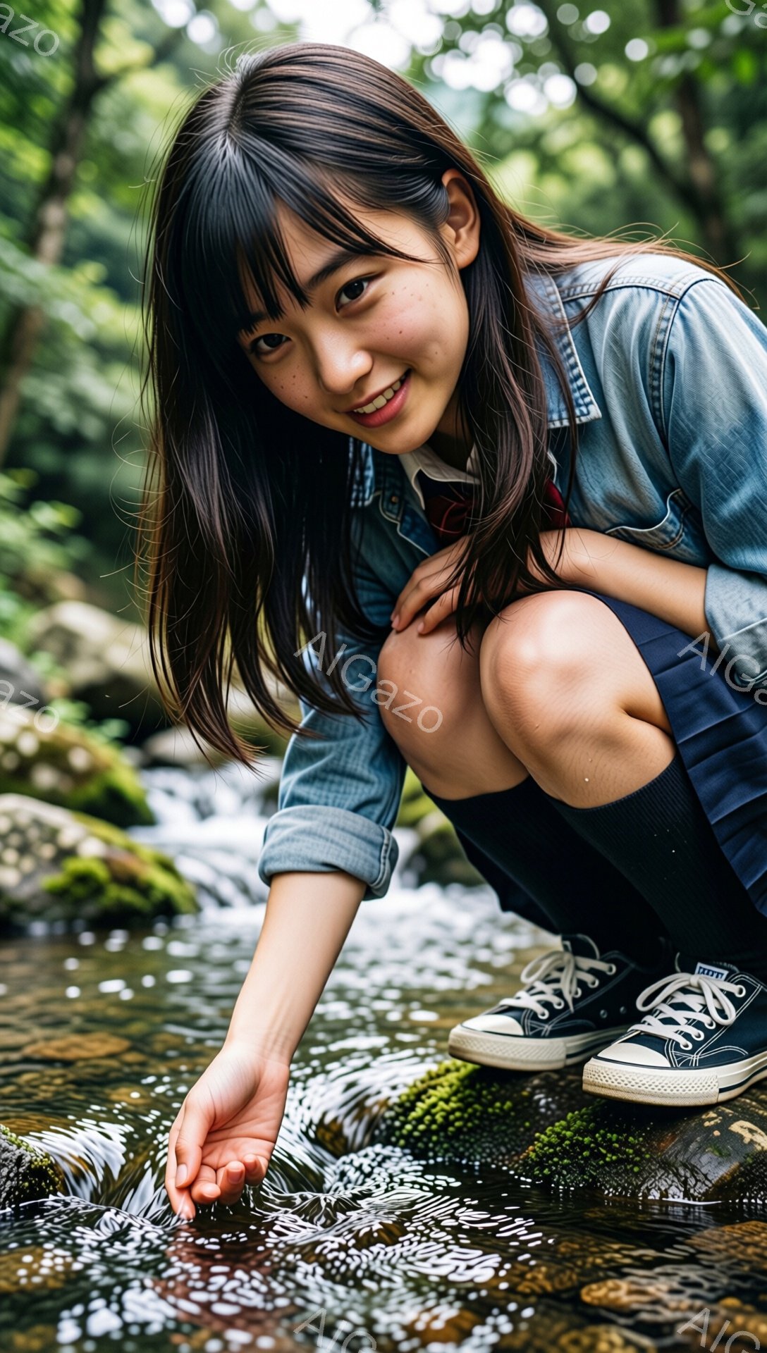 長い黒髪の女性が、ひざまずいて小川に手を伸ばしています。彼女はデニムシャツ、チェックのスカート、スニーカーを着用しており、明るい笑顔を浮かべています。背景には緑豊かな木々と岩場があり、水の流れが穏やかで、自然に囲まれた静かな雰囲気が漂っています。