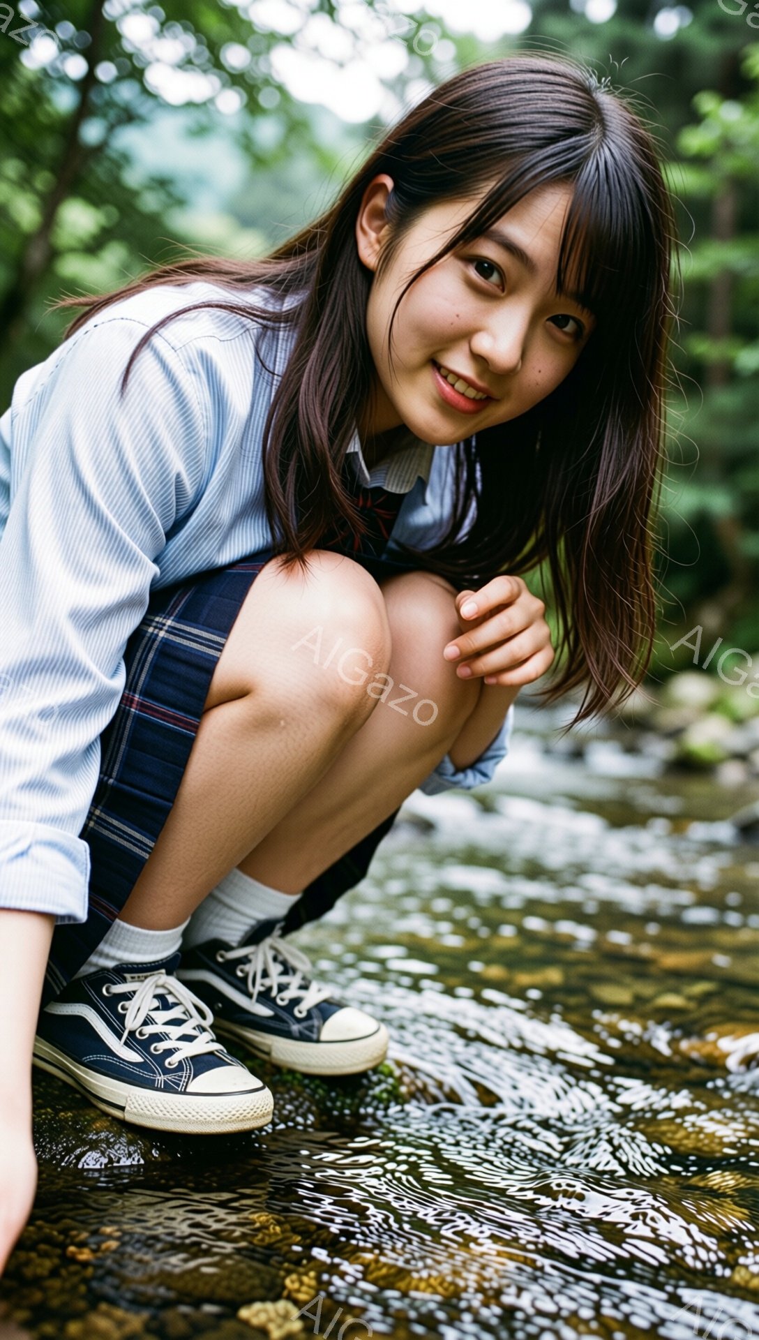 画像には、青いチェックのスカートと白いシャツを着た若い女性が写っています。彼女は川の近くにしゃがみ込み、顔はカメラに向かって微笑んでおり、活発で若々しい印象を与えます。背景には緑豊かな植物が見え、晴れた日の自然の中でリラックスした雰囲気が漂っています。