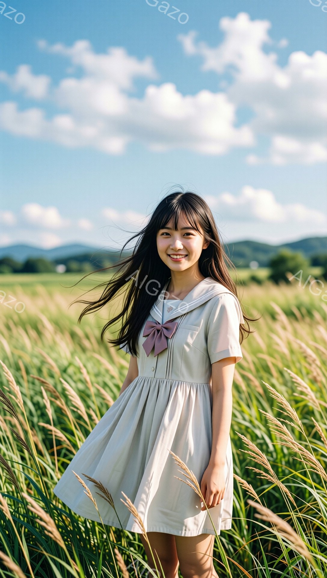 長い黒髪の女性が、ベージュ色の丸襟のワンピースを着て、草むらの中に立っている。彼女は微笑んでおり、風になびく髪が印象的だ。背景には緑色の山々と青空が広がり、明るく穏やかな雰囲気を醸し出している。 - AI生成フリー素材