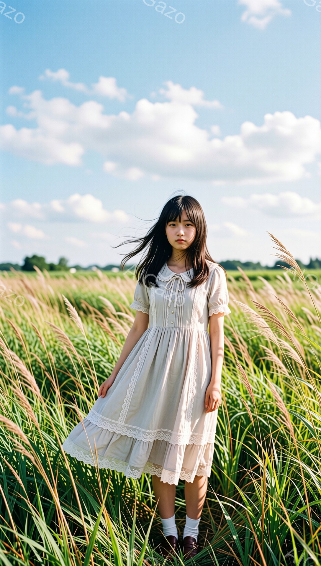 長い黒髪の女性が、クリーム色のレース付きのワンピースを着て、背の高い草むらの中に立っています。彼女は白い靴下と茶色の靴を履いており、少し物憂げな表情をしています。背景には青空と白い雲が広がり、穏やかで - AI生成フリー素材