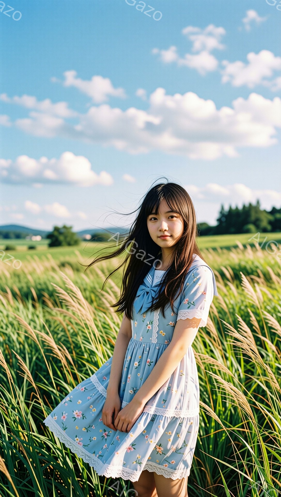 長い黒髪の女性が、花柄の淡い水色のワンピースを着て、草原の中に立っている。彼女は少し微笑み、穏やかな表情で、風になびく髪が印象的だ。背景には緑豊かな丘と青空が広がり、暖かい夏の日の穏やかな雰囲気が漂っ - AI生成フリー素材