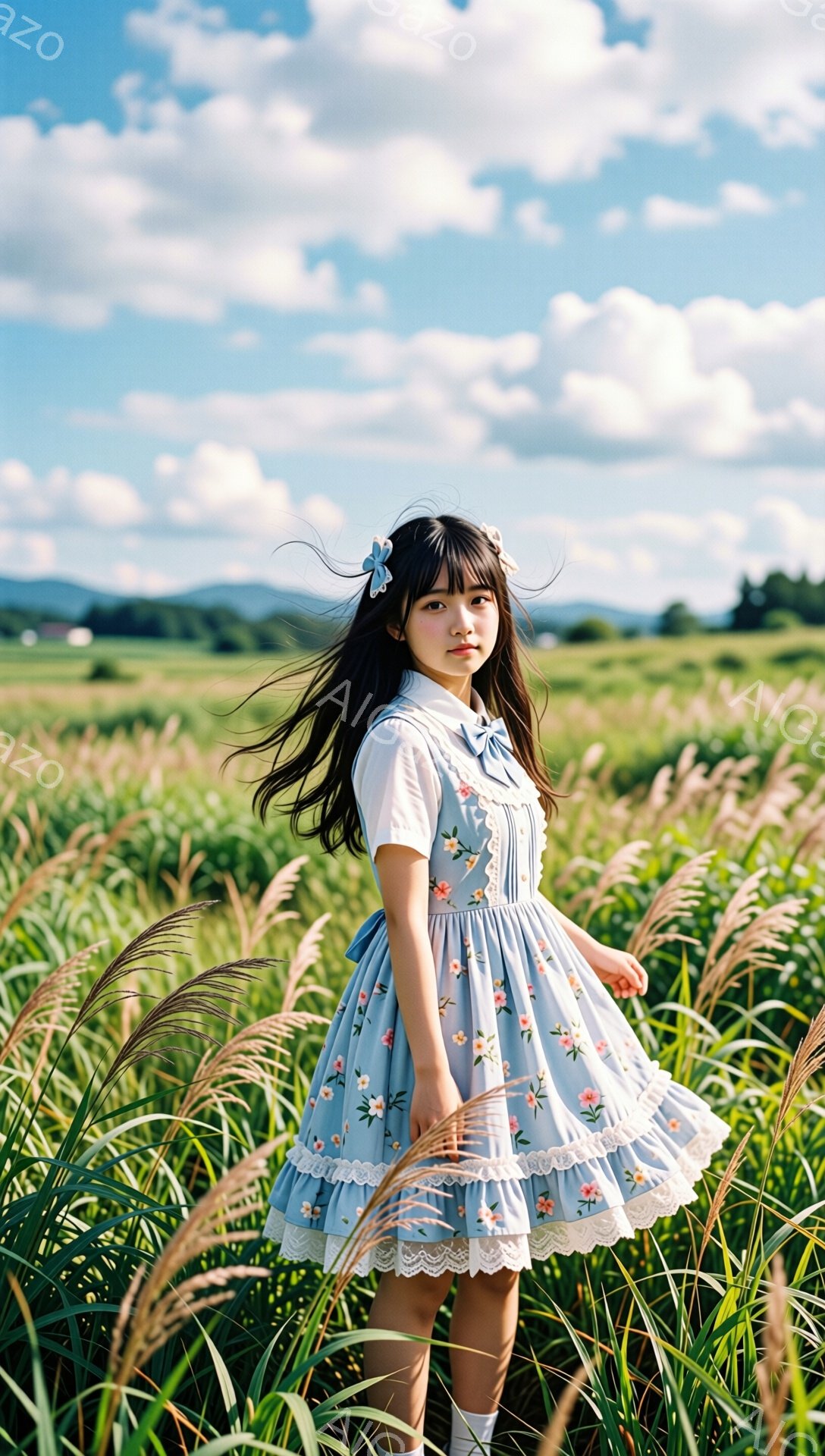 青い花柄のフリルワンピースを着た少女が、背の高い草むらの中に立っている。黒髪を長く伸ばし、髪飾りをつけている。表情は少し照れくさそうだが、どこか微笑ましい雰囲気を醸し出している。