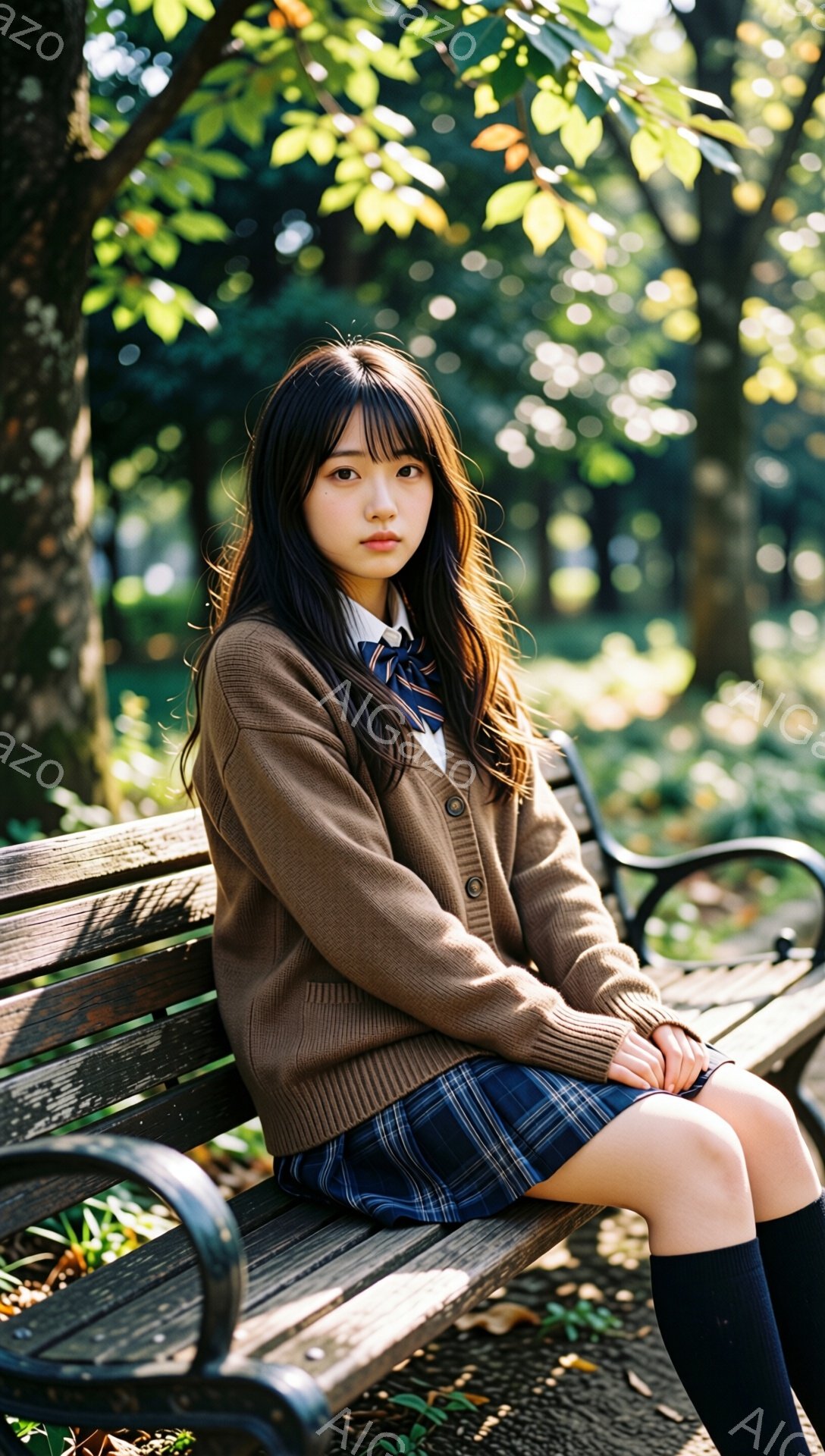 茶色のカーディガンにチェックのスカート、黒いソックスを履いた若い女性が公園のベンチに座っています。彼女は少し憂いを帯びた表情で、前を向いて両手を膝の上に置いています。背景には緑豊かな木々と、日差しの差し込む明るい自然が広がっており、穏やかで少し物憂げな雰囲気が漂っています。