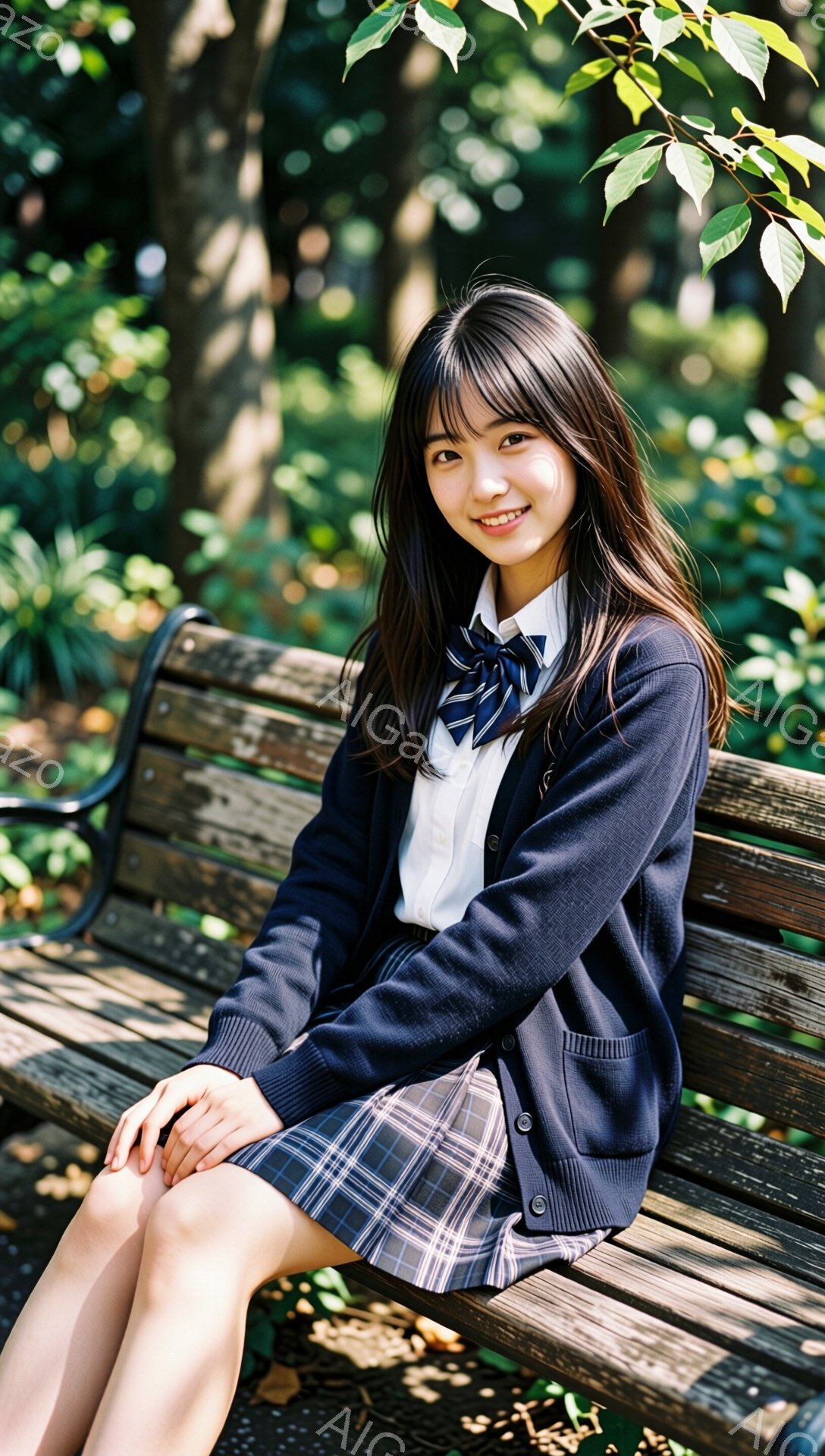 画像には、紺色のカーディガンとチェック柄のスカート、白いシャツとネクタイを着用した若い女性が写っています。彼女はベンチに座り、膝を揃えて微笑んでおり、リラックスした表情をしています。背景には緑豊かな木 - AI生成フリー素材