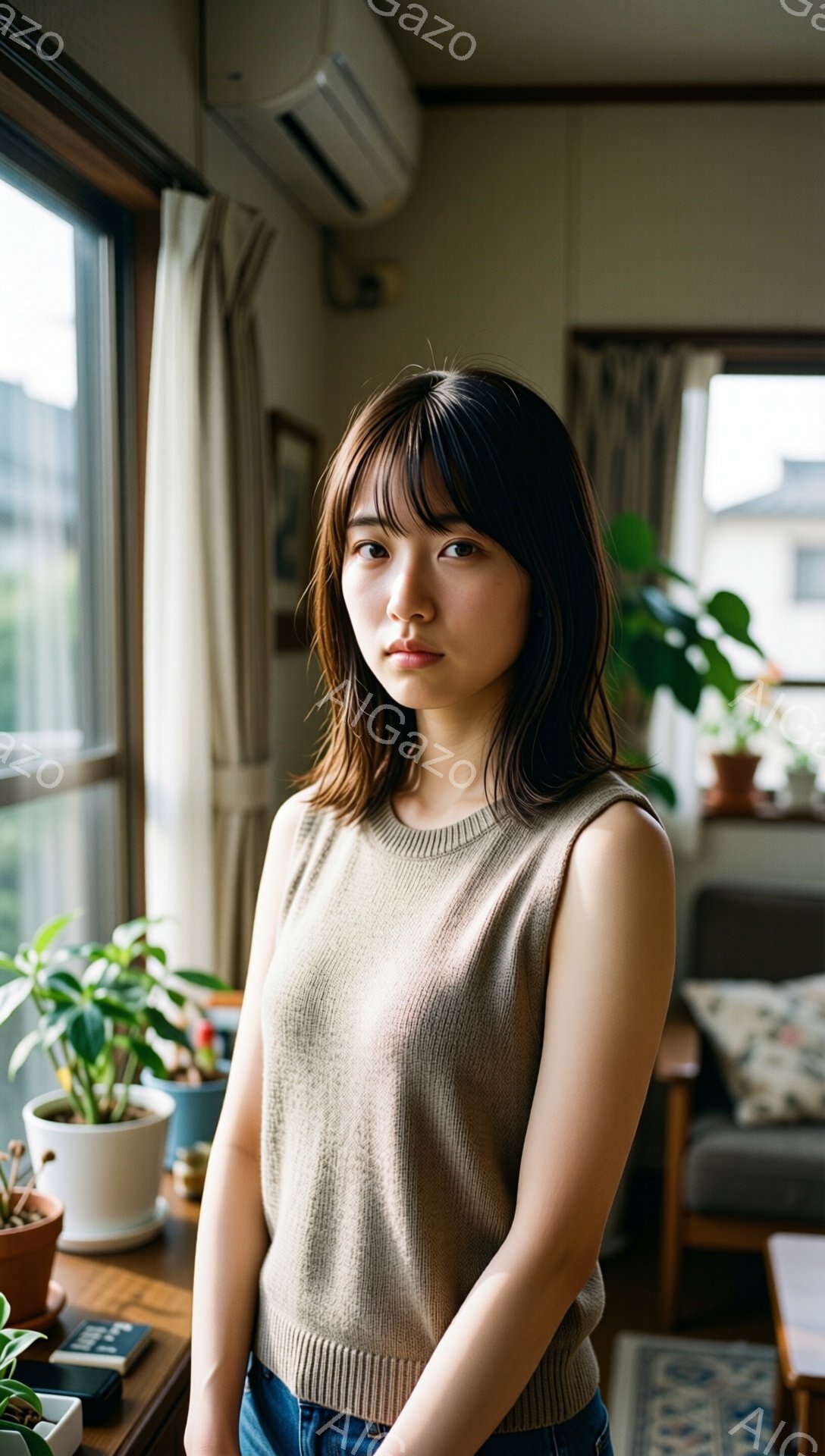 茶髪のミディアムヘアを肩にかかるように切り揃えた若い女性が、ベージュ色のニットベストとデニムのズボンを着用して立っています。彼女はやや無表情で、視線はカメラに向けられています。背景には植物やソファーが見え、室内であること、そして窓から自然光が差し込んでいることがわかります。