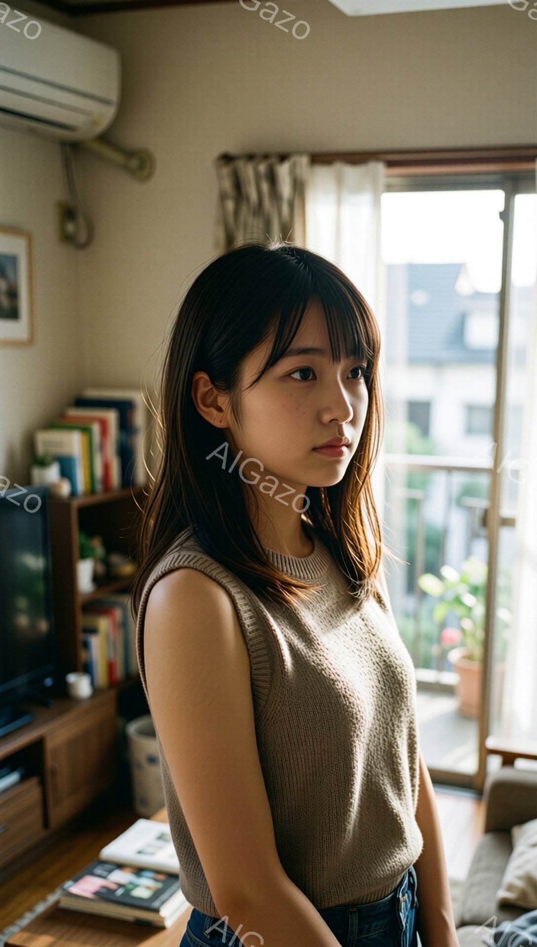 長い黒髪の女性が、ベージュのニットベストとジーンズを身に着けて、少し横を向いて立っています。彼女は穏やかな表情で、窓から差し込む自然光が彼女の顔を照らしています。背景には、本棚やエアコン、そして窓の外 - AI生成フリー素材