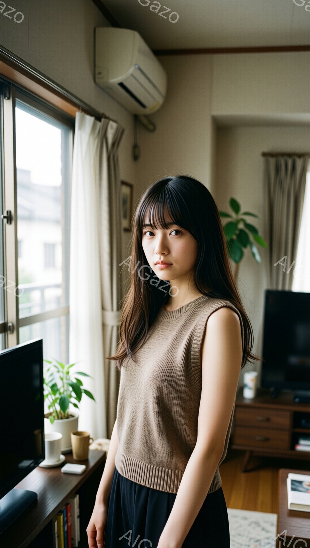 長い黒髪で前髪を作った若い女性が、ベージュのニットベストと黒いワイドパンツを身に着けて立っている。彼女はやや控えめな表情で、リラックスした姿勢でカメラを見つめている。背景には、窓、カーテン、木製のキャビネット、植物が見え、室内で穏やかな雰囲気が漂っている。