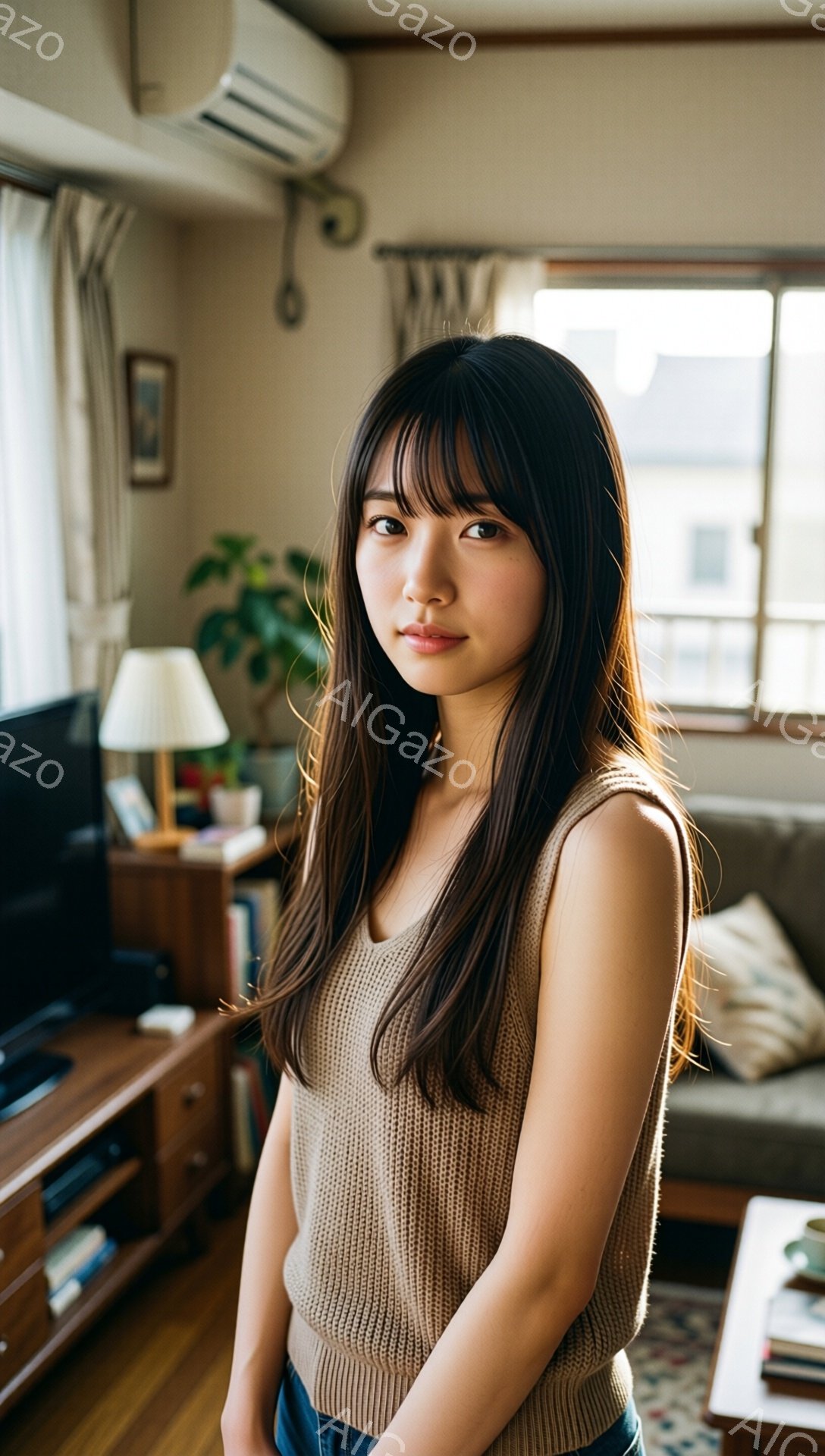 長い茶色の髪を肩まで伸ばした若い女性が、ベージュ色のニットトップスとジーンズを着て立っています。彼女は穏やかな表情で、少し微笑んでいるように見えます。背景には、ソファやキャビネットのある明るいリビング - AI生成フリー素材