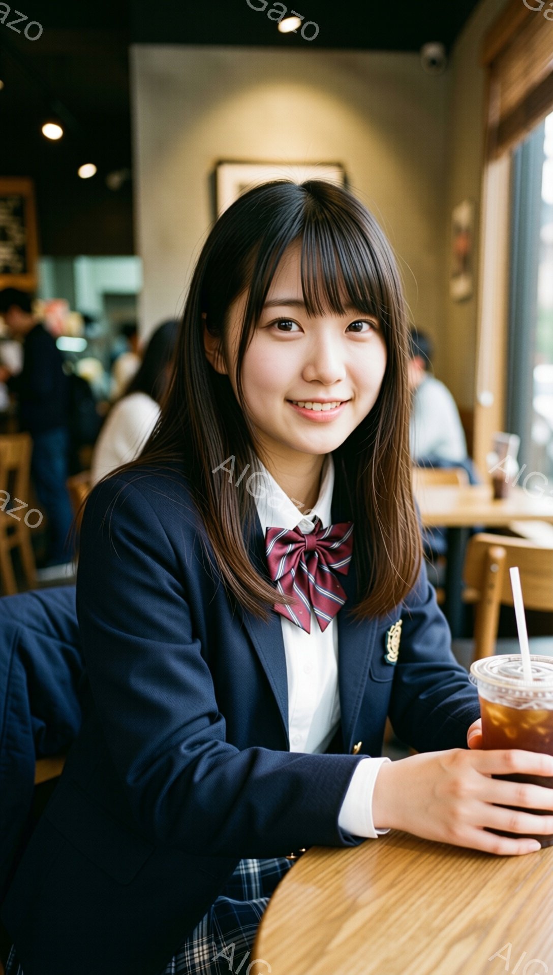 画像には、制服を着た若い女性が写っています。彼女は紺色のブレザーにチェック柄のスカート、赤い縞模様のネクタイを締め、微笑んでいます。背景には、カフェのような室内で他の人がぼんやりと見え、暖色系の木製のテーブルに彼女がアイスティーのような飲み物を手に持っている様子が伺えます。