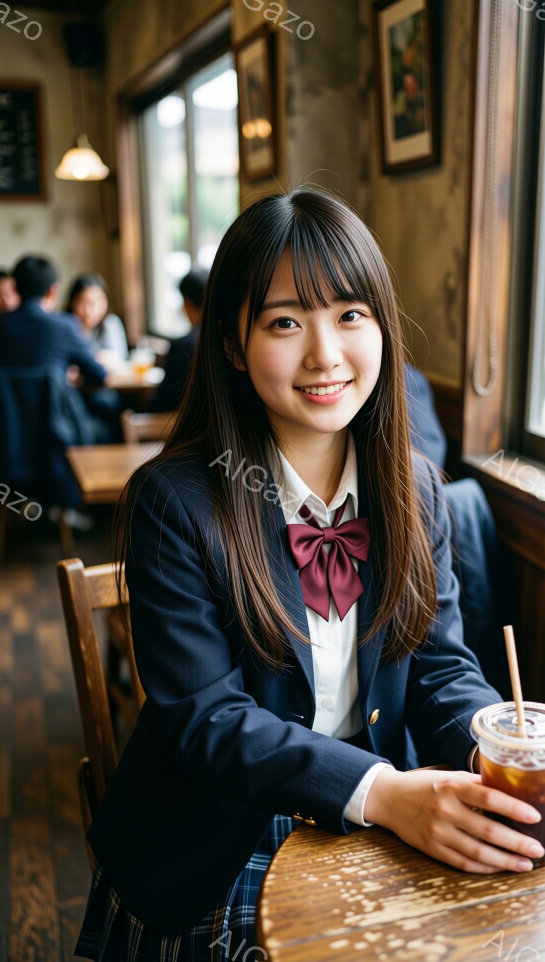 画像は、制服を着た若い女性がカフェのテーブルに座っている様子を捉えています。彼女は明るい笑顔を浮かべ、茶色の長い髪を肩まで垂らしています。背景には他の客や窓から見える緑がぼやけて見え、店内は落ち着いた雰囲気が漂っています。