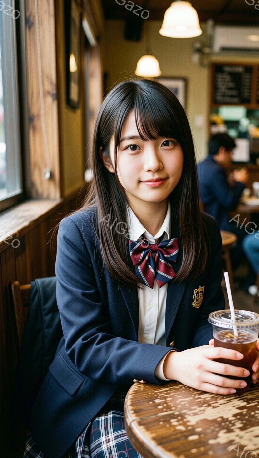 若い女性が紺色のブレザー、白いシャツ、チェック柄のスカート、赤いネクタイを着用し、カフェの窓際の席に座っています。彼女は微笑んでおり、片手で氷入りの飲み物を持ち、リラックスした姿勢でカメラを見ています。背景には、他の客とカフェのメニューが見え、暖かい雰囲気の室内であることがわかります。