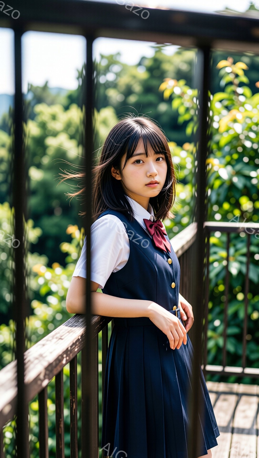ダークネイビーのスカートと白いブラウス、赤いリボンが特徴の制服を着た若い女性が写っている。彼女は黒髪のボブヘアで、少し物憂げな表情で、柵にもたれて立っている。背景には緑豊かな木々が生い茂っており、晴れた日の穏やかな雰囲気を醸し出している。