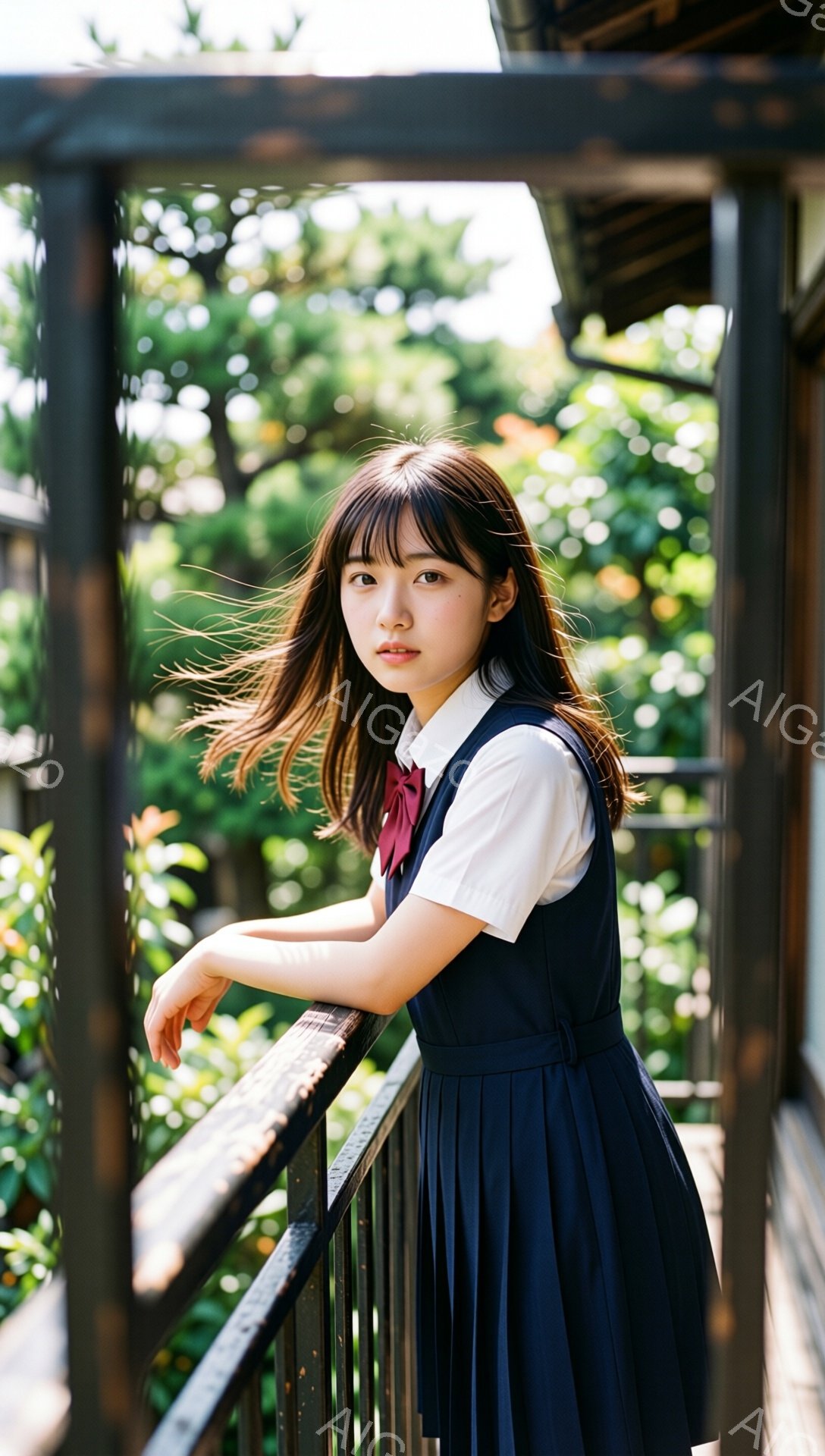 明るい日差しの中、女子高生と思しき少女がバルコニーの手すりに肘をついて立っている。紺色のプリーツスカートに白いブラウス、赤いネクタイを締め、肩にかかる茶色の長い髪は少し無造作にまとめられている。背景には緑豊かな木々が見え、晴天の下、どこか物憂げな表情で遠くを見つめている様子から、穏やかで少し寂しげな雰囲気が漂う。