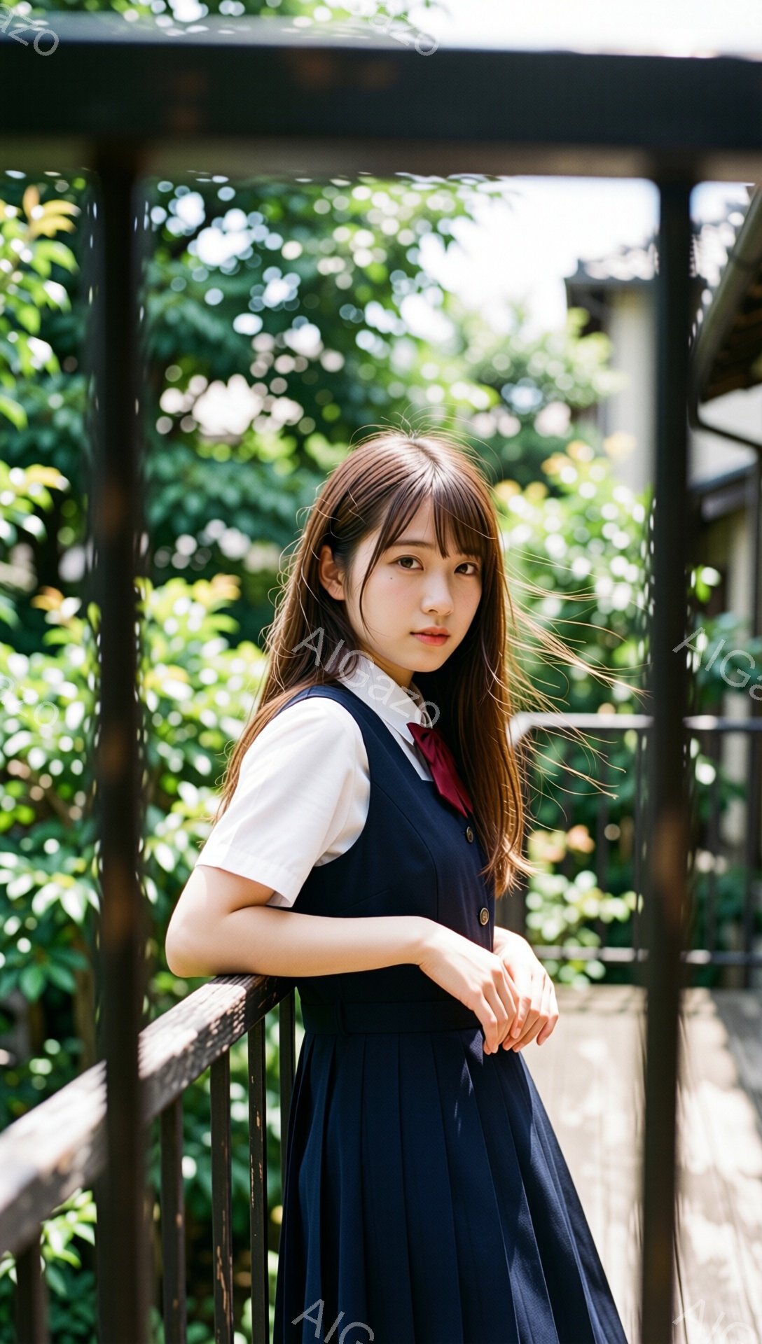 茶髪のロングヘアをセンターパートにした女子学生が、白いブラウスと紺色のスカートの制服を着ています。彼女は少し微笑んでおり、物憂げな表情を浮かべています。背景には緑豊かな木々と、木造建築の一部が見え、晴れた日の穏やかな雰囲気が漂っています。