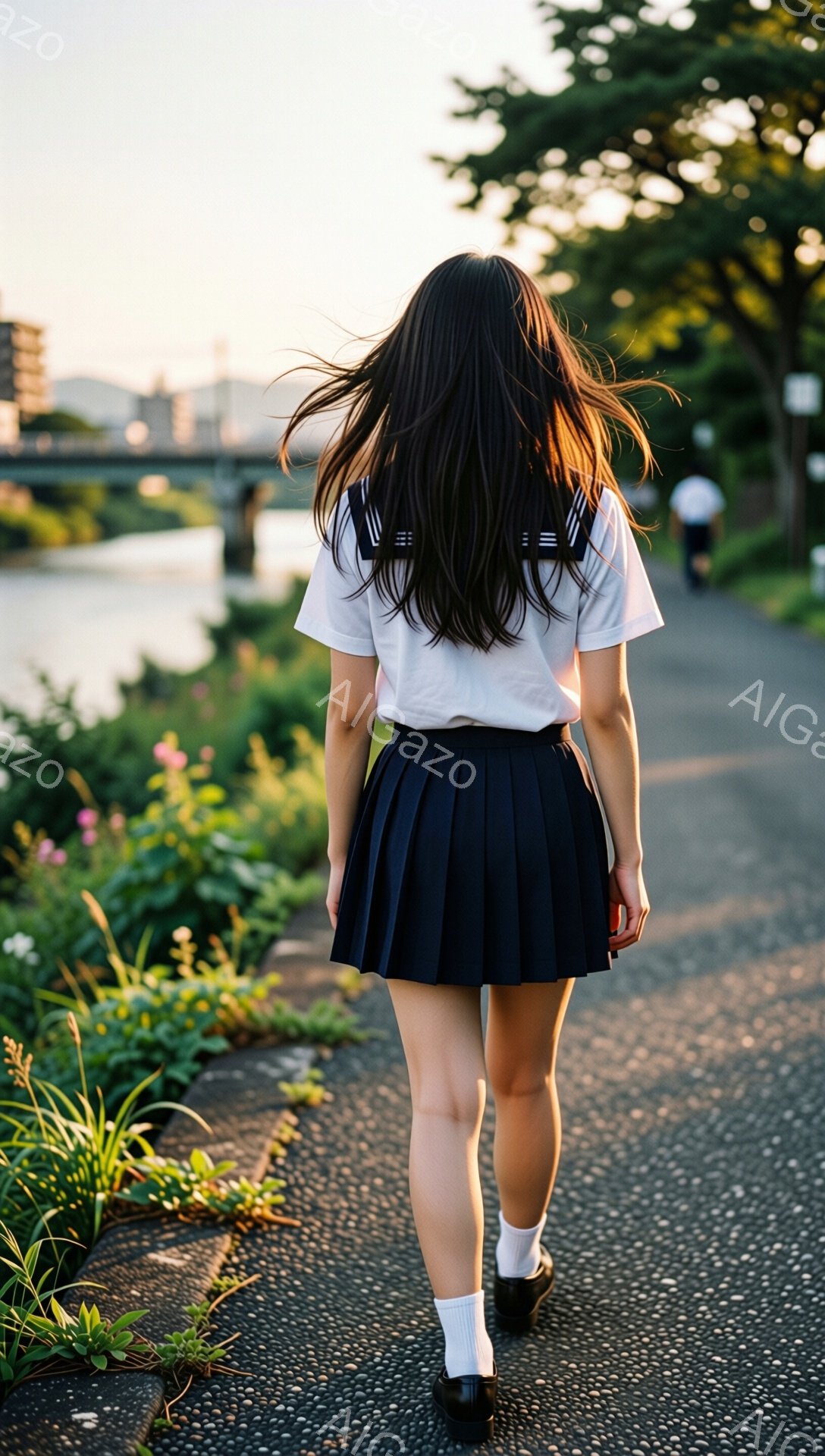 画像は紺色のプリーツスカートと白いブラウスを着た女性の後ろ姿を捉えています。彼女は黒色の靴下と靴を履き、髪は長くストレートで、歩くにつれて風になびいています。背景には緑豊かな植物、舗装された道、そして遠くに見える川と建物があり、夕暮れ時の穏やかな雰囲気を醸し出しています。