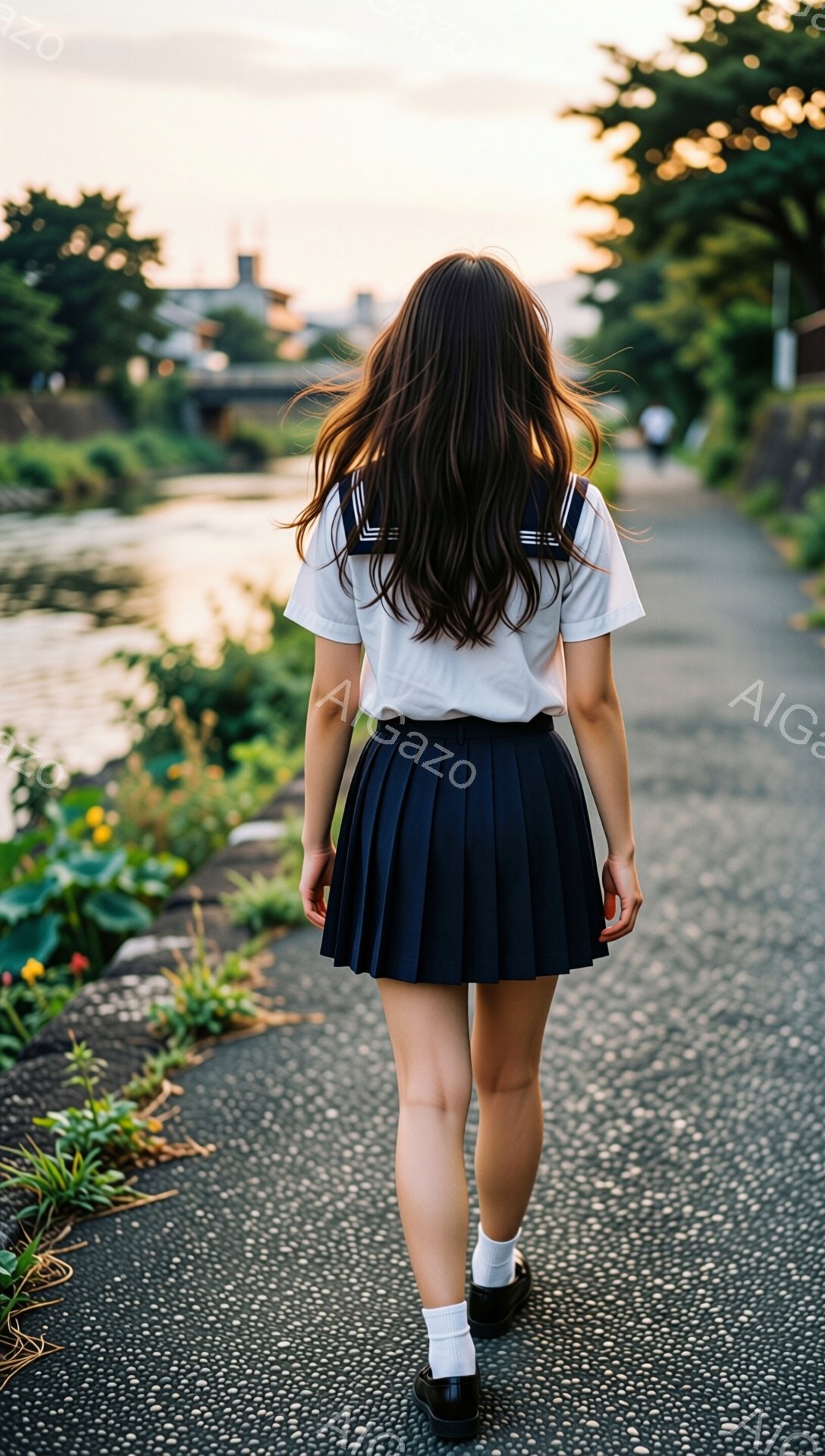 画像は、紺色のプリーツスカートと白いブラウスを着た若い女性の後ろ姿を捉えています。彼女はアスファルトの道の上を歩いており、背中にはリュックサックが見えます。背景には川と緑豊かな植物があり、夕暮れ時の柔らかい光が全体を包み込み、穏やかで少し物憂げな雰囲気を醸し出しています。