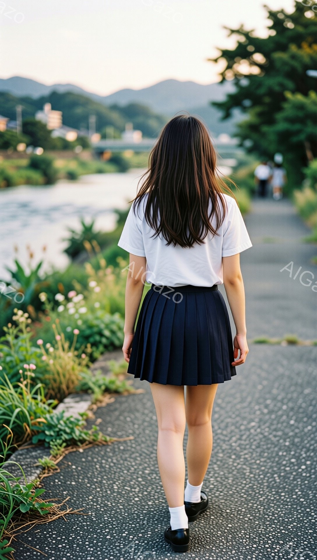 白いTシャツとプリーツスカートを身に着けた女性が、小道の中を歩いている後ろ姿が捉えられています。彼女は長い黒髪で、足元には白い靴下と黒い靴を履いています。背景には川、緑豊かな植物、遠くの山々が見え、穏やかで静かな雰囲気が漂っています。