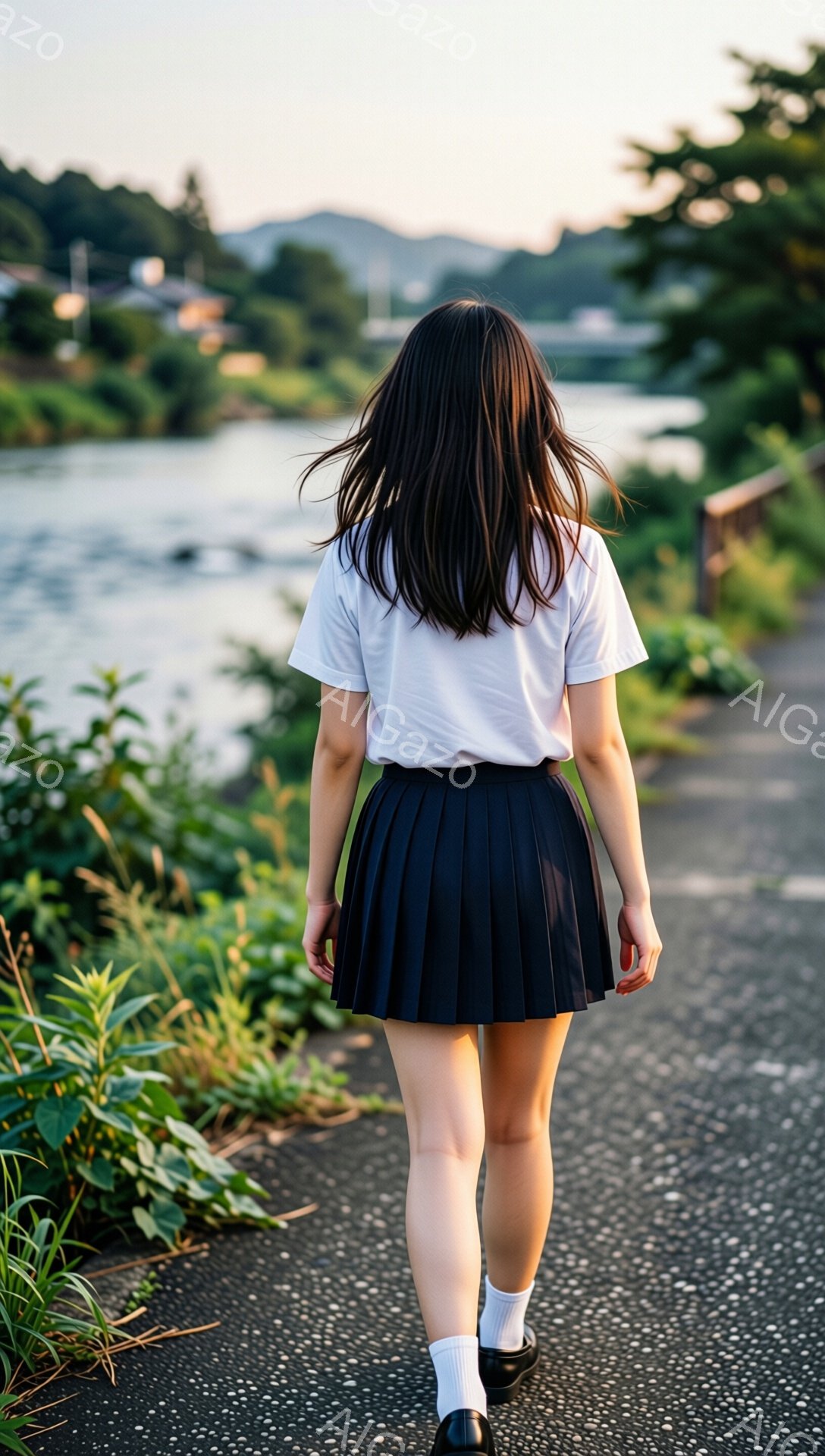 黒髪の少女が白いTシャツとプリーツスカート、白い靴下と黒い靴を履いて、アスファルトの道の上を歩いている。背景には川と緑豊かな植物が見え、晴れた日の穏やかな雰囲気が漂う。少女は後ろ姿で、どこか懐かしい夏の日の情景を思わせる。