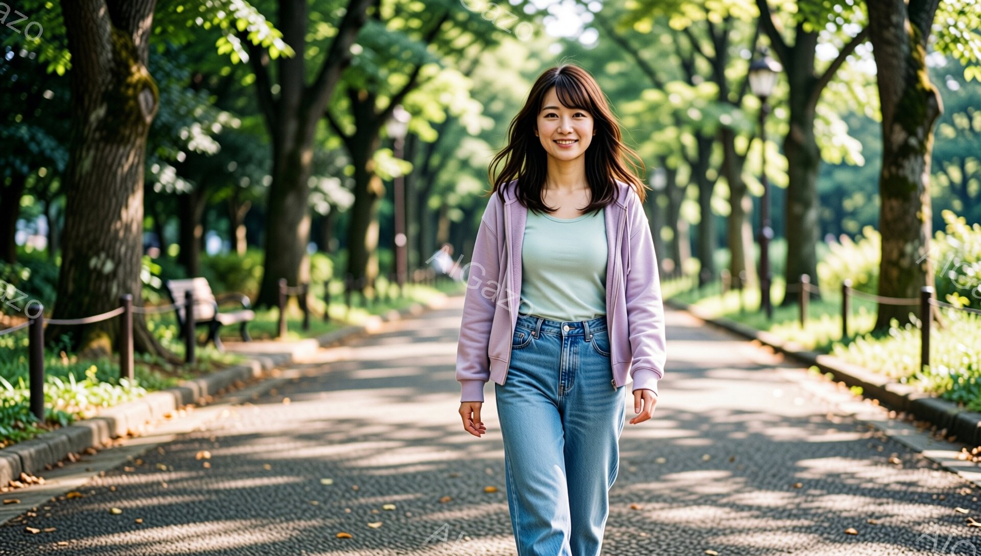 若い女性が遊歩道を歩いています。彼女は薄い緑色のTシャツにラベンダー色のカーディガン、そして水色のジーンズを着ており、少しウェーブのかかったロングヘアが特徴的です。背景には緑豊かな木々と遊歩道が続き、晴れた日の穏やかな雰囲気が漂っています。
