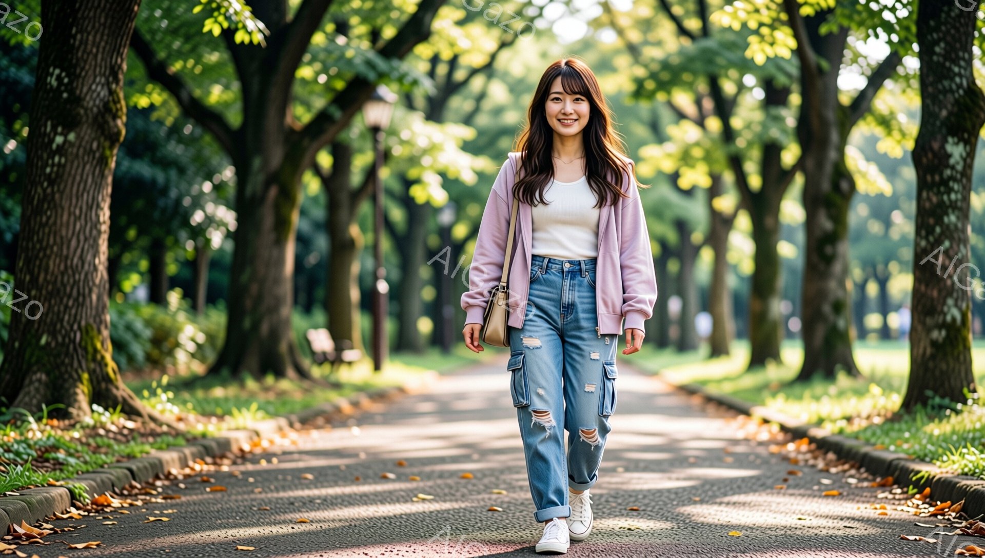 若い女性が公園の道を歩いている。彼女は白いTシャツに水色のダメージジーンズ、そして薄い紫色のパーカーを着ており、白のスニーカーを履いている。彼女は微笑んでおり、肩に掛けたバッグを抱えている。