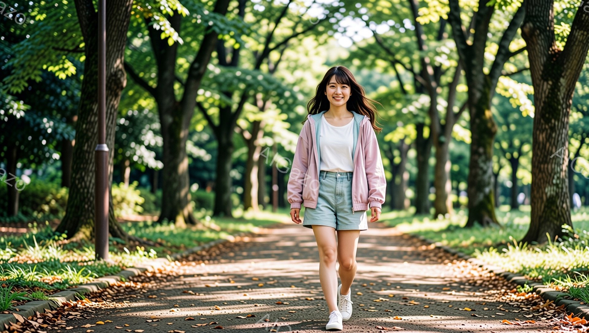 若い女性が公園の遊歩道を歩いており、明るい笑顔を浮かべている。彼女は薄いピンク色のジャケット、水色のショートパンツ、白いスニーカーを着用し、ゆるいウェーブのかかったロングヘアを下げている。遊歩道は両側 - AI生成フリー素材