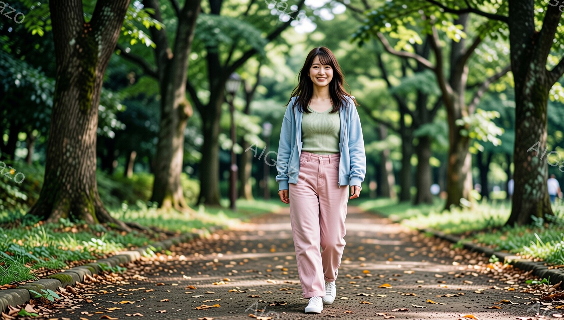 若い女性が公園の道の中央を歩いている。彼女は明るいブルーのパーカーとピンク色のゆったりとしたパンツを着用し、白いスニーカーを履いている。彼女はカメラに向かって微笑んでおり、リラックスした雰囲気で、背景には緑豊かな木々が並び、明るい日差しが差し込んでいる。
