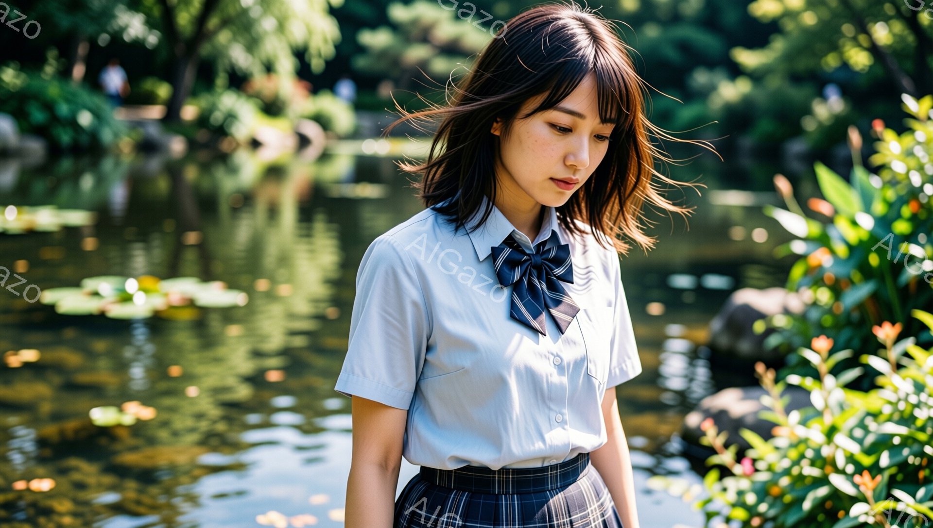 短い茶色の髪をした若い女性が、水辺の緑豊かな背景を背景に立っています。彼女は水色のシャツにチェック柄のスカート、首にはグレーのネクタイを着用しており、少し憂いを帯びた表情で視線を落としています。背景には水面が光り、植物が生い茂り、静かで穏やかな雰囲気を醸し出しています。