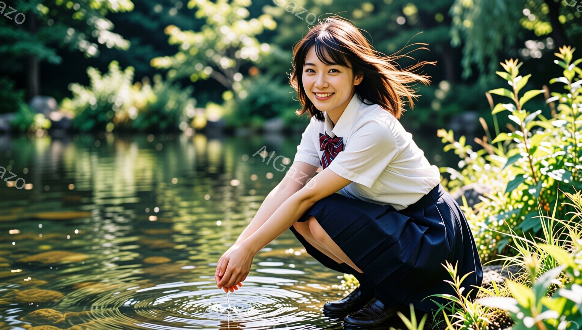 明るい笑顔を浮かべた女子高生が、池に何かを落としているところを捉えた写真です。白いブラウスに紺色のプリーツスカート、黒い靴を履き、制服姿で少しうつむきながらも、楽しそうな表情をしています。背景には緑豊かな木々や植物が広がり、水面に光が反射してキラキラと輝く、穏やかで爽やかな雰囲気の写真です。
