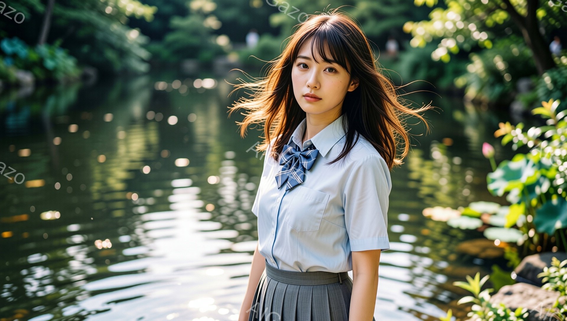 明るい日差しの中で、女子高生が制服姿で立っている。彼女は明るい茶色の長い髪を肩から下で流しており、少し微笑んだ表情でこちらを見ている。背景には緑豊かな植物と水面が広がり、穏やかで爽やかな雰囲気を醸し出している。
