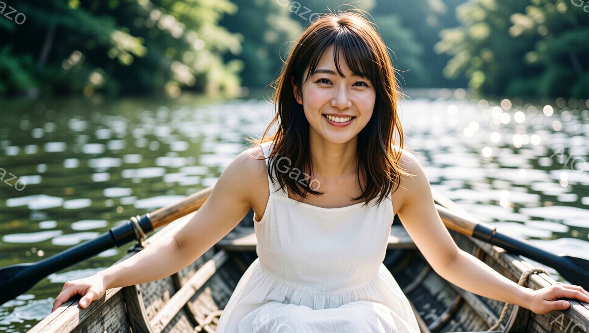 長い髪をセンターパートにした女性が、ボートの中で笑顔でこちらを見ている。白いノースリーブのワンピースを着ており、穏やかな表情と合わせて明るい雰囲気を醸し出している。背景には水面がキラキラと輝き、緑豊かな自然が広がり、晴れた日の穏やかな情景が感じられる。