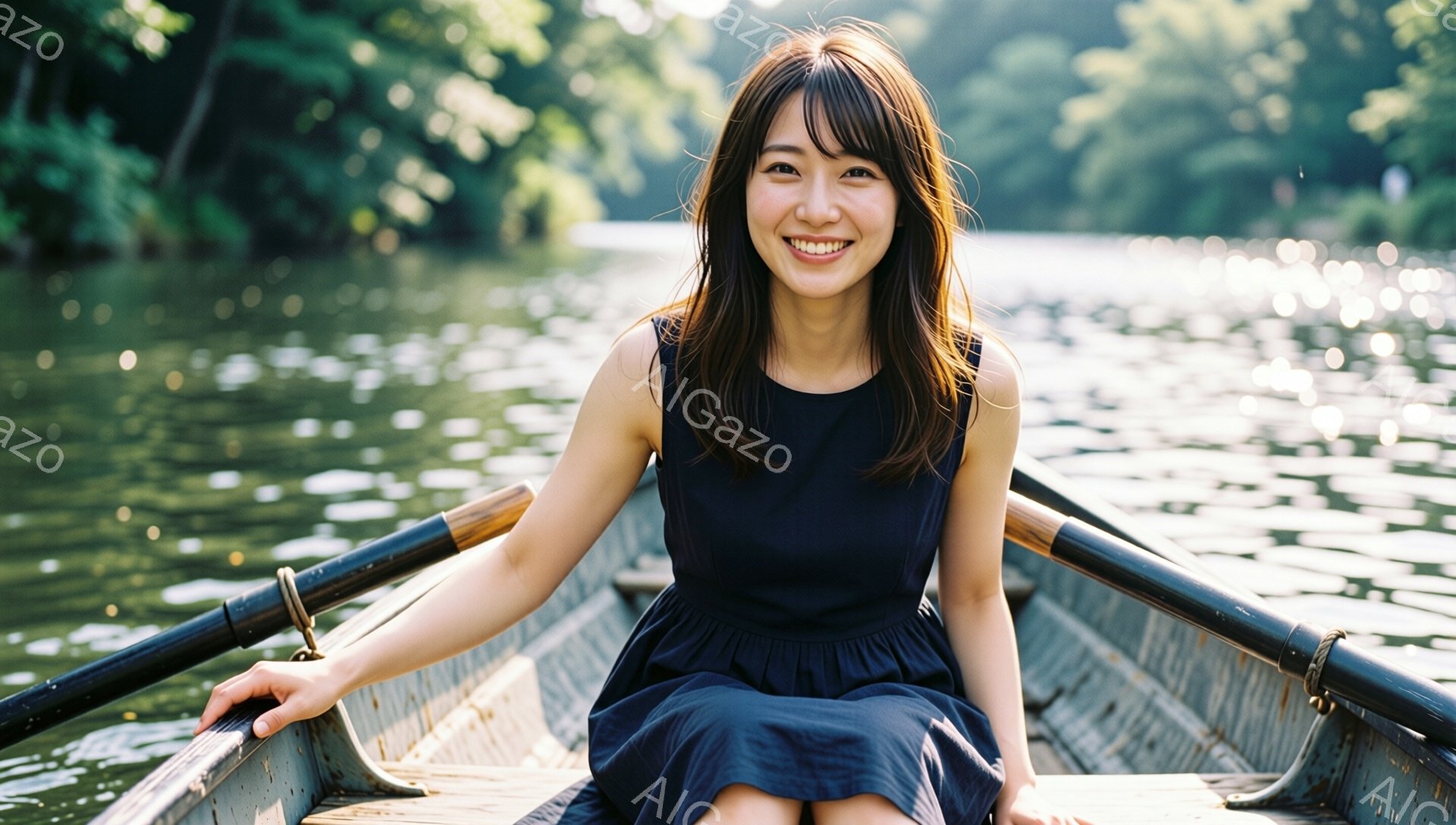 深い青色のワンピースを着た女性が、ボートの中に座っています。彼女は笑顔で、前を向いて何かを見ているようです。背景には緑の木々とキラキラと輝く水面が広がり、穏やかで晴れた日の雰囲気が感じられます。 - AI生成フリー素材
