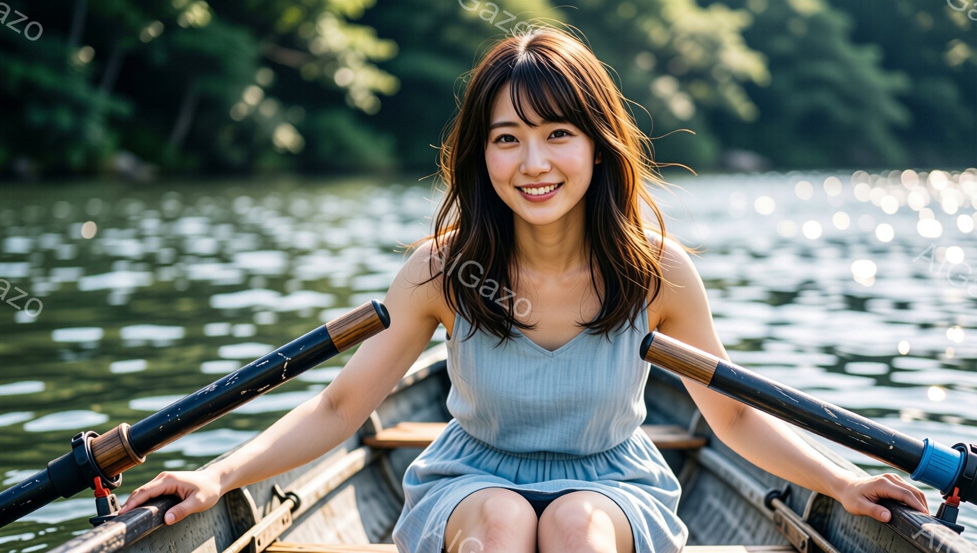 彼女は水色のワンピースを着て、少し微笑んでいます。彼女はボートのオールを握り、水面を見下ろしています。背景には緑豊かな木々とキラキラと輝く水面が広がり、穏やかで平和な雰囲気が漂っています。 - AI生成フリー素材