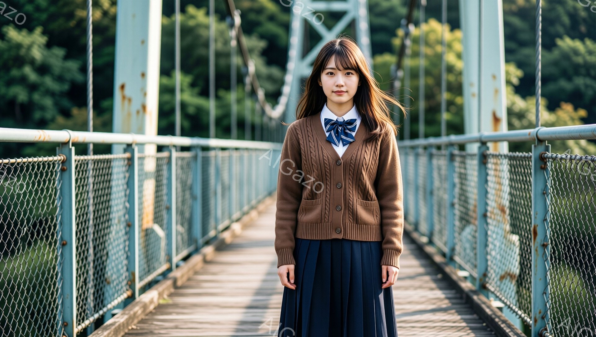 茶色のカーディガンに白いシャツ、ネイビーのプリーツスカートを着用した若い女性が、古びた水色の橋の中央に立っている。彼女はストレートで前髪のあるダークブラウンの髪をしており、顔には穏やかな表情を浮かべて - AI生成フリー素材
