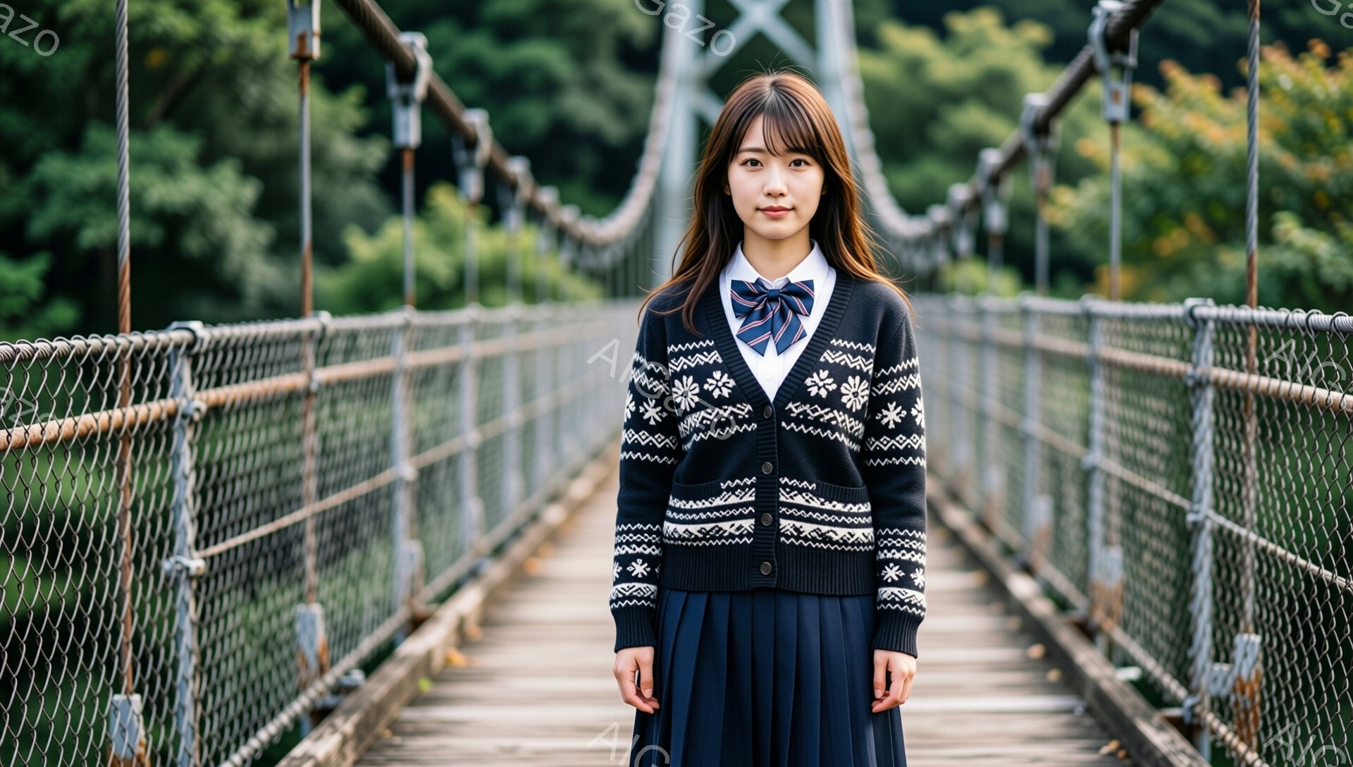 制服を着た若い女性が、吊り橋の中央に立っている。紺色のカーディガンには白い模様があり、ネクタイとプリーツスカートを合わせている。彼女はカメラに向かって微笑み、穏やかで優しい表情をしている。
