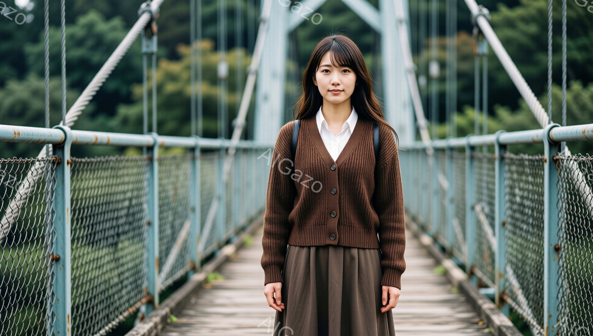 茶色のカーディガンに白いシャツ、そして茶色のスカートを着た若い女性が、古びた青い橋の中央で正面を向いて立っている。彼女は肩にバッグをかけ、穏やかな表情でカメラを見つめている。背景は緑豊かな木々で、橋の - AI生成フリー素材
