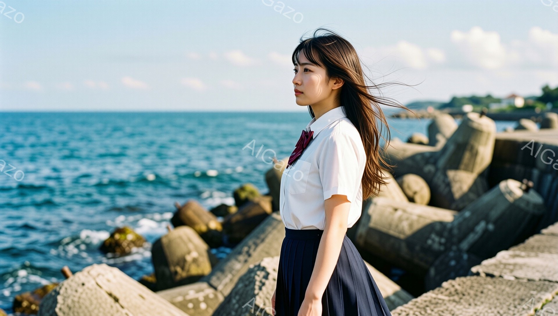 長い黒髪を風になびかせ、白いシャツに濃い紺色のスカート、赤いネクタイを締めた女性が写っている。彼女は横顔で、少し憂いを帯びた表情で遠くを見つめている。背景には、波が打ち寄せる防波堤と青い海、そして遠くに見える建物が広がっており、全体的に穏やかで少し寂しげな雰囲気が漂っている。