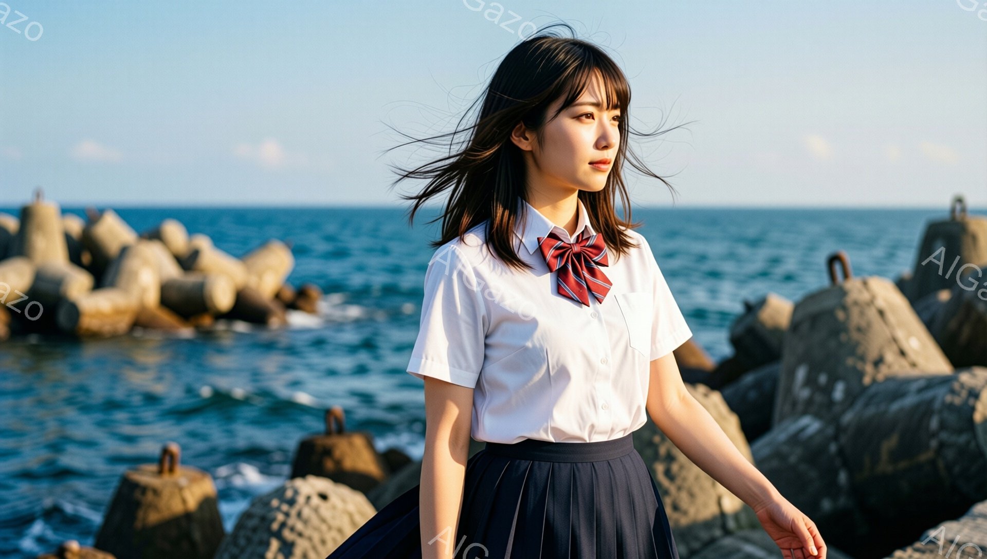 制服を着た若い女性が、波止場の上を歩いている。彼女は白いシャツに紺色のスカート、赤い縞模様のネクタイを着用し、風になびく長い髪が特徴的だ。背景には青い海と、灰色のコンクリート製の防波堤が広がり、晴れた空の下、どこか物憂げな雰囲気を醸し出している。